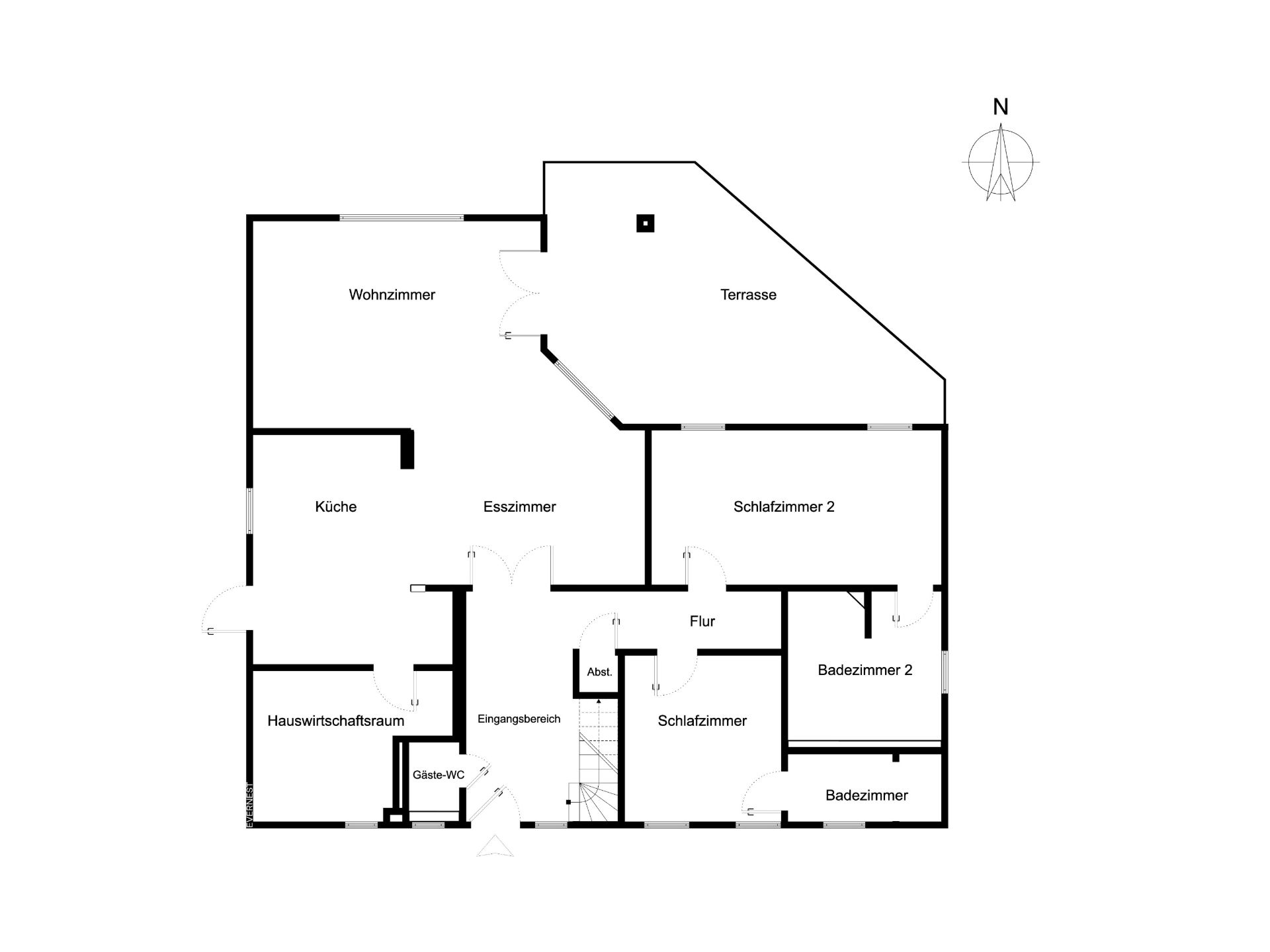 Grundriss einer Wohnung mit Wohnzimmer, zwei Schlafzimmern, Küche, Esszimmer, Terrasse und Bädern.