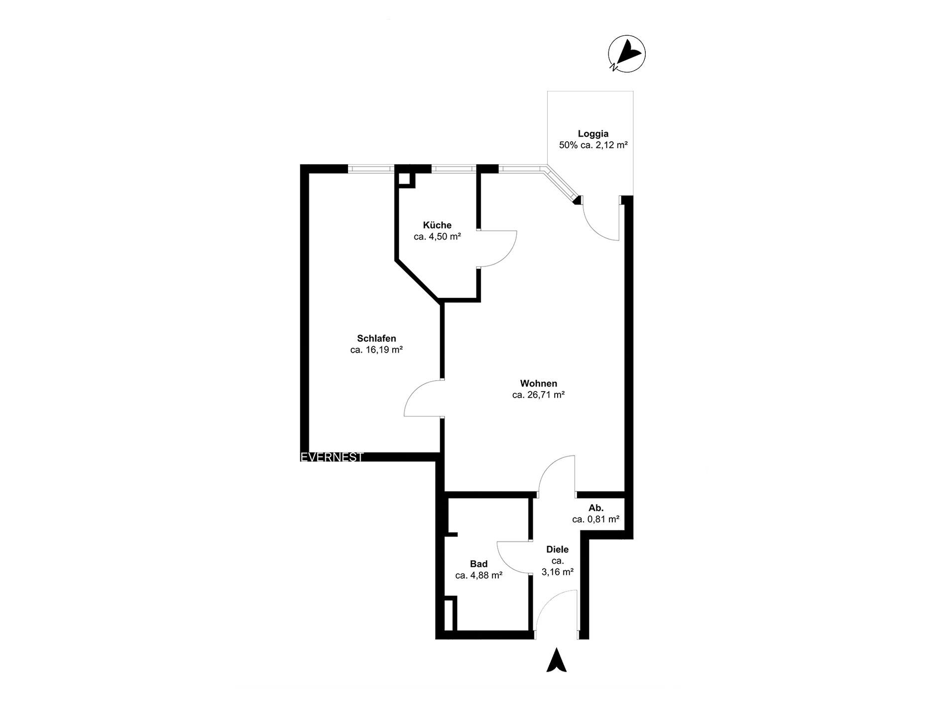Grundriss einer Wohnung mit Schlaf-, Wohn-, Küchen-, Bad-, Abstell- und Dielenbereich sowie Loggia.
