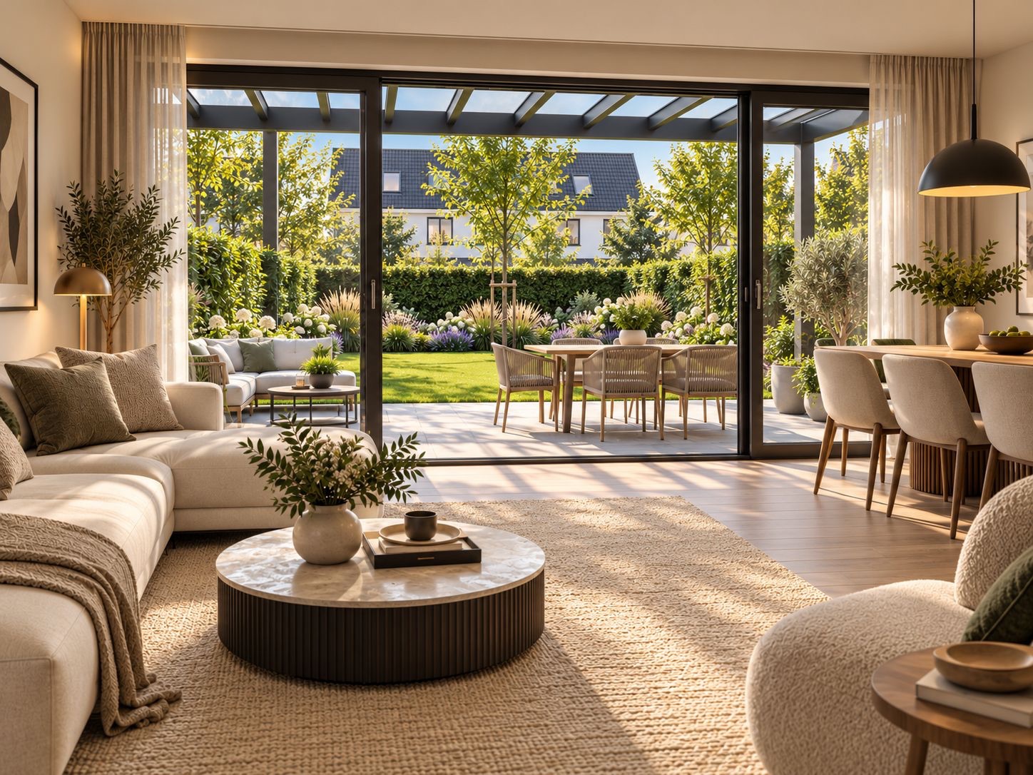 Modernes Wohnzimmer mit großen Fenstern und Blick auf eine Terrasse und einen Garten.