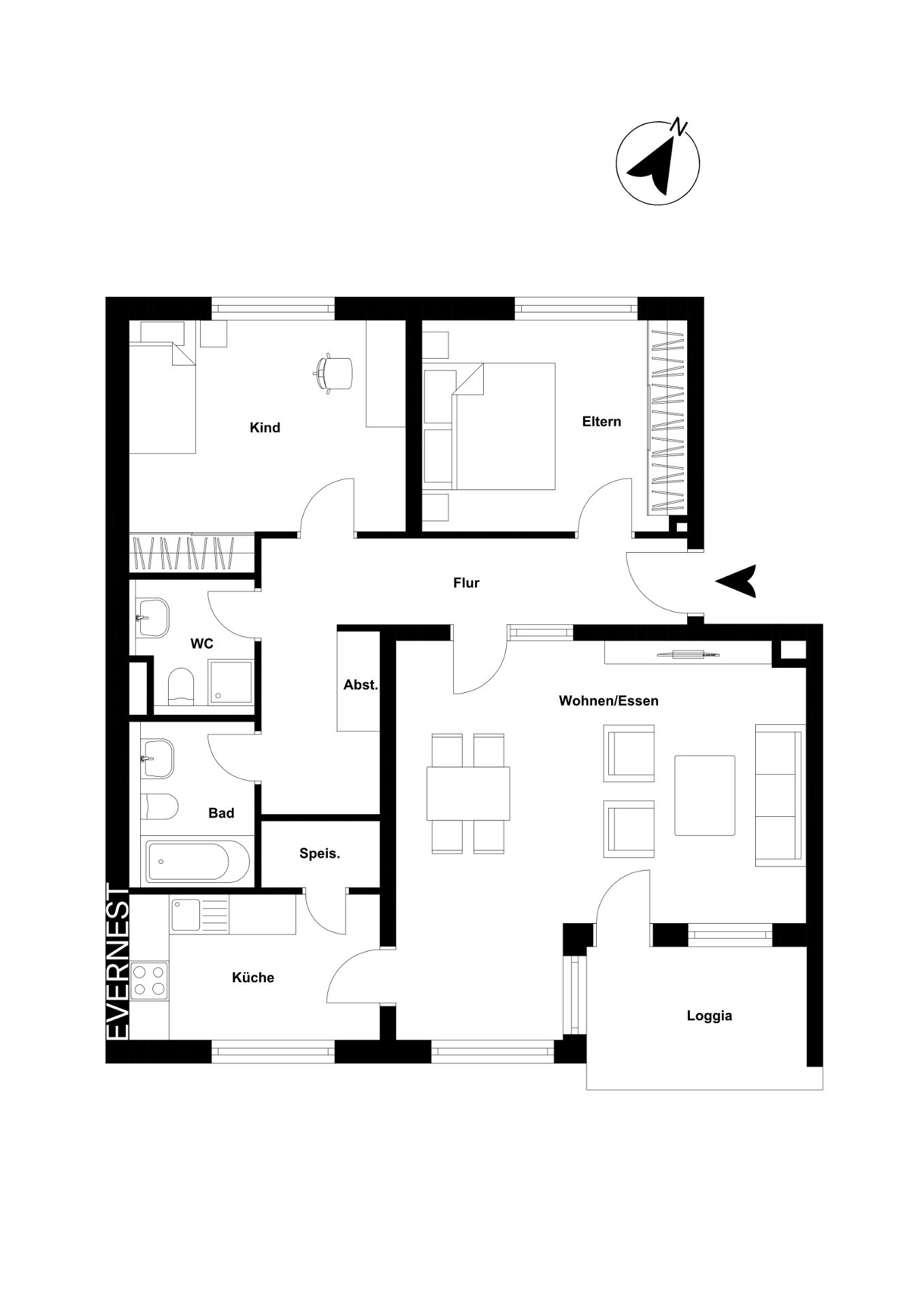 Grundriss einer Wohnung mit zwei Schlafzimmern, Bad, WC, Küche, Wohnbereich und Loggia.