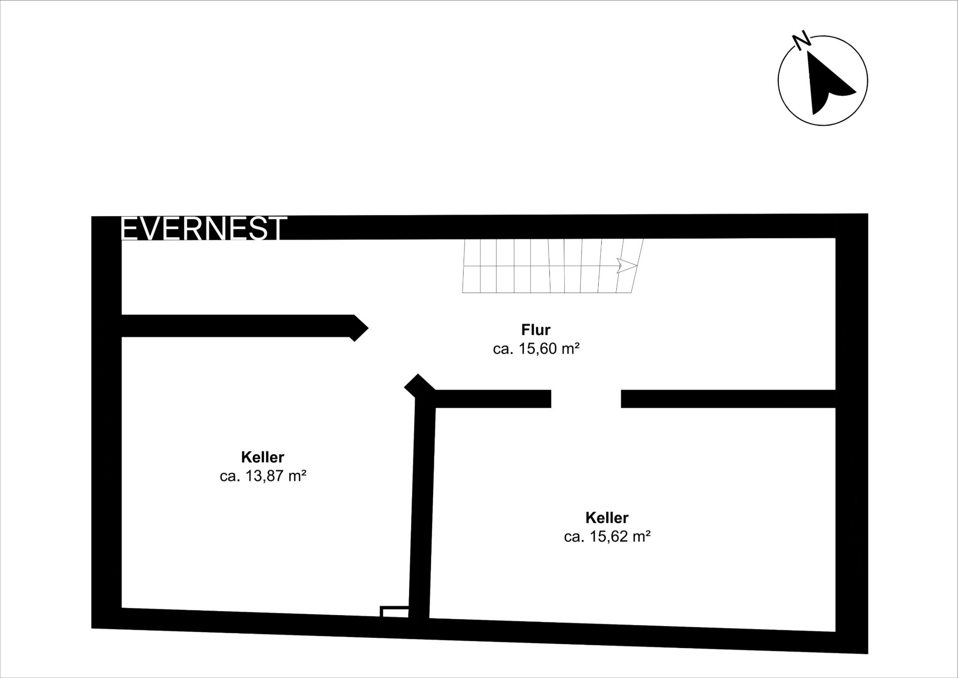 Grundriss mit Flur und zwei Kellerräumen, Größenangaben in Quadratmetern.