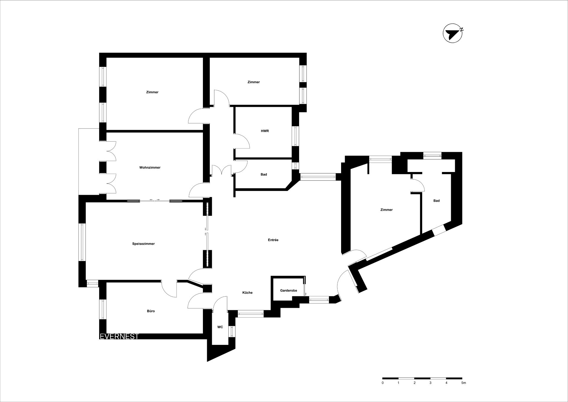 Schwarz-weißer Grundriss eines Wohnhauses mit mehreren Zimmern, Küche, Bädern und Flur.