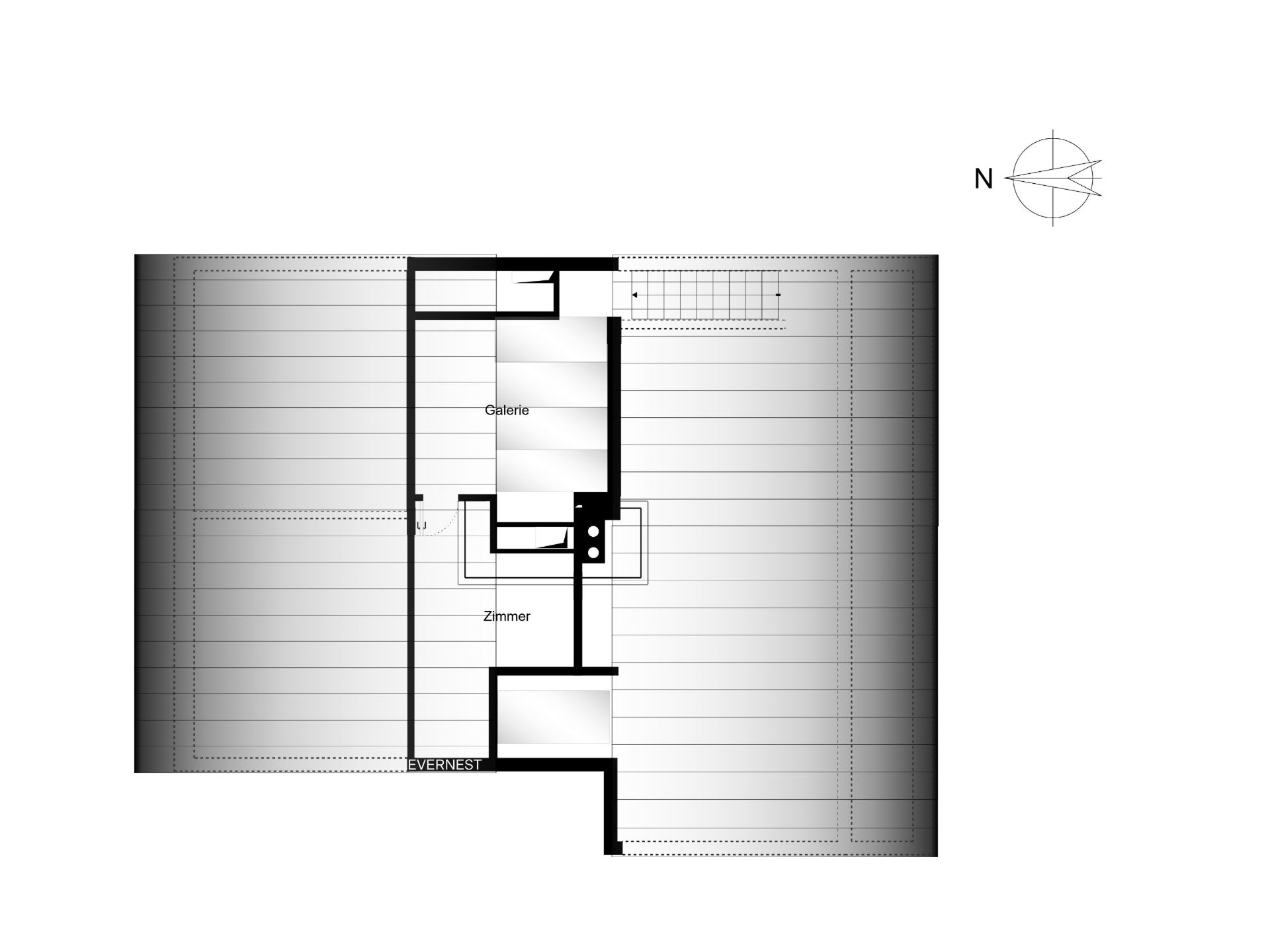 Grundriss mit beschrifteten Bereichen Galerie und Zimmer, sowie Treppe oben rechts.