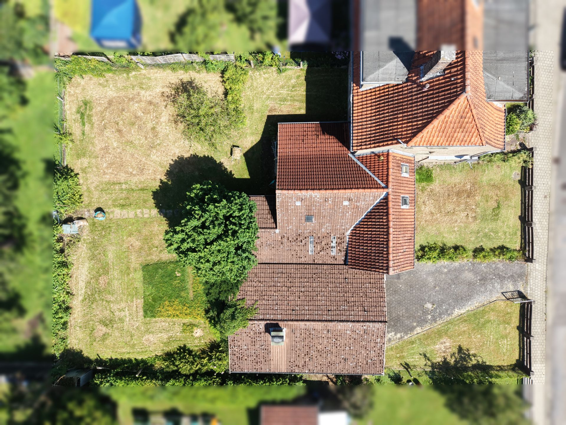 Luftaufnahme eines Wohnhauses mit Garten, Einfahrt und Bäumen auf einem Grundstück.