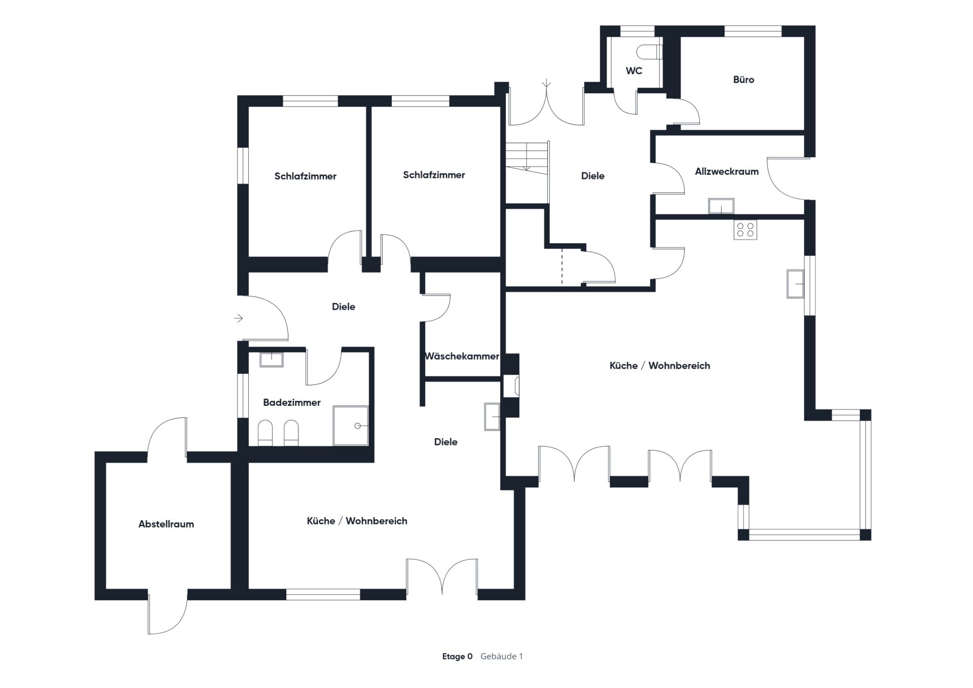 Grundriss mit Schlafzimmern, Badezimmer, Küche, Wohnbereich, Büro, Abstellraum und Hauswirtschaftsraum.