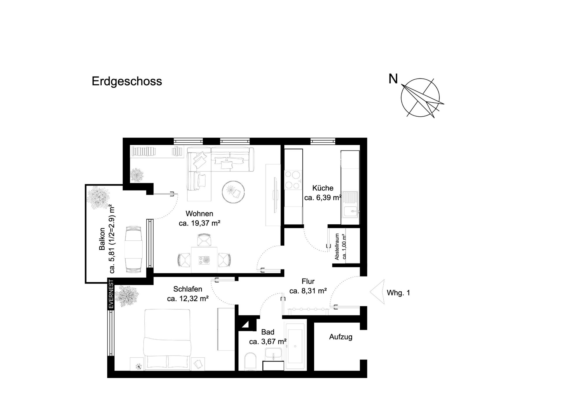 Grundriss einer Wohnung mit Wohnzimmer, Schlafzimmer, Küche, Bad, Flur und Balkon.