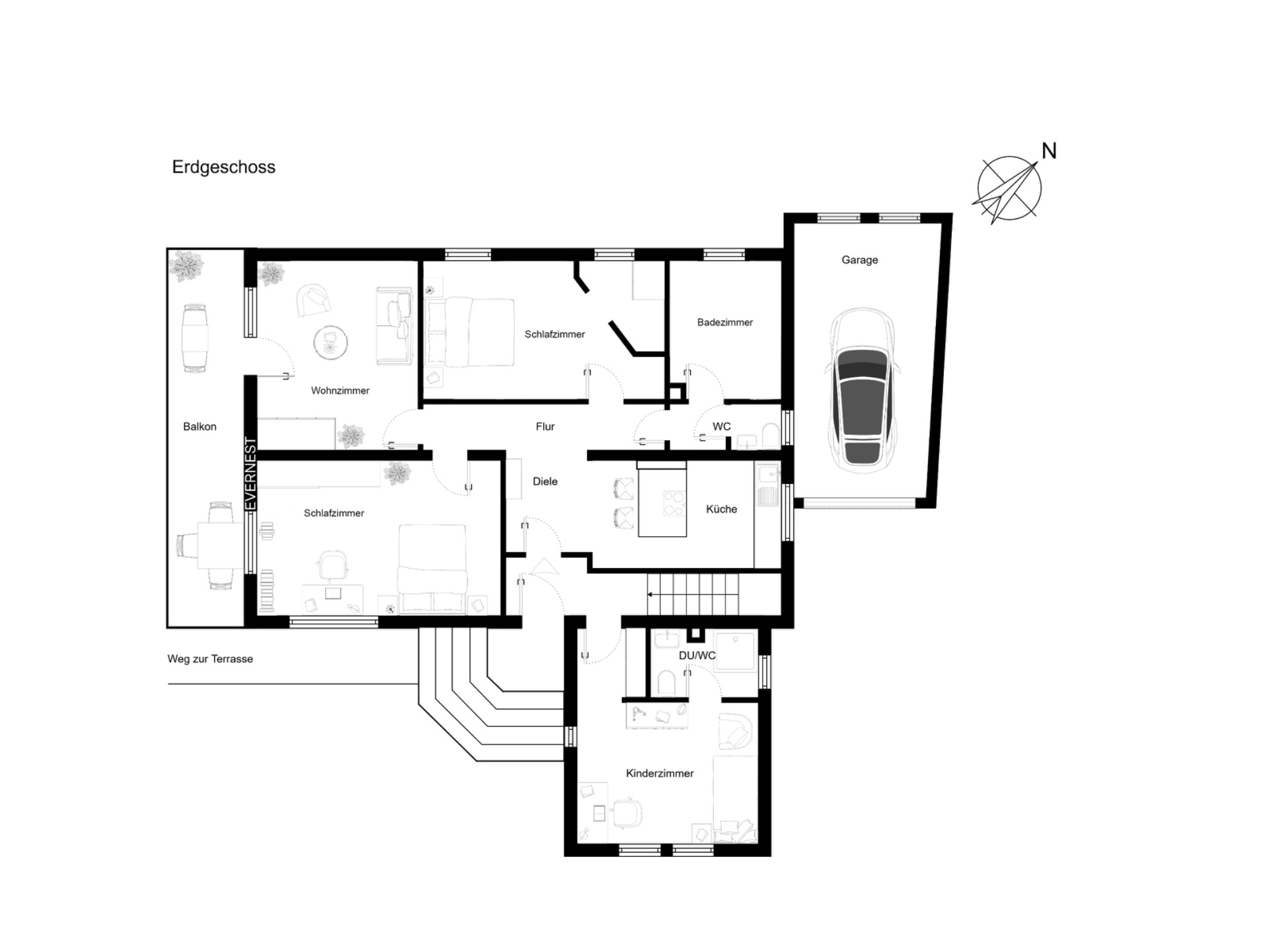 Grundriss des Erdgeschosses mit Wohnzimmer, Schlafzimmer, Küche, Kinderzimmer, Garage und Balkon.