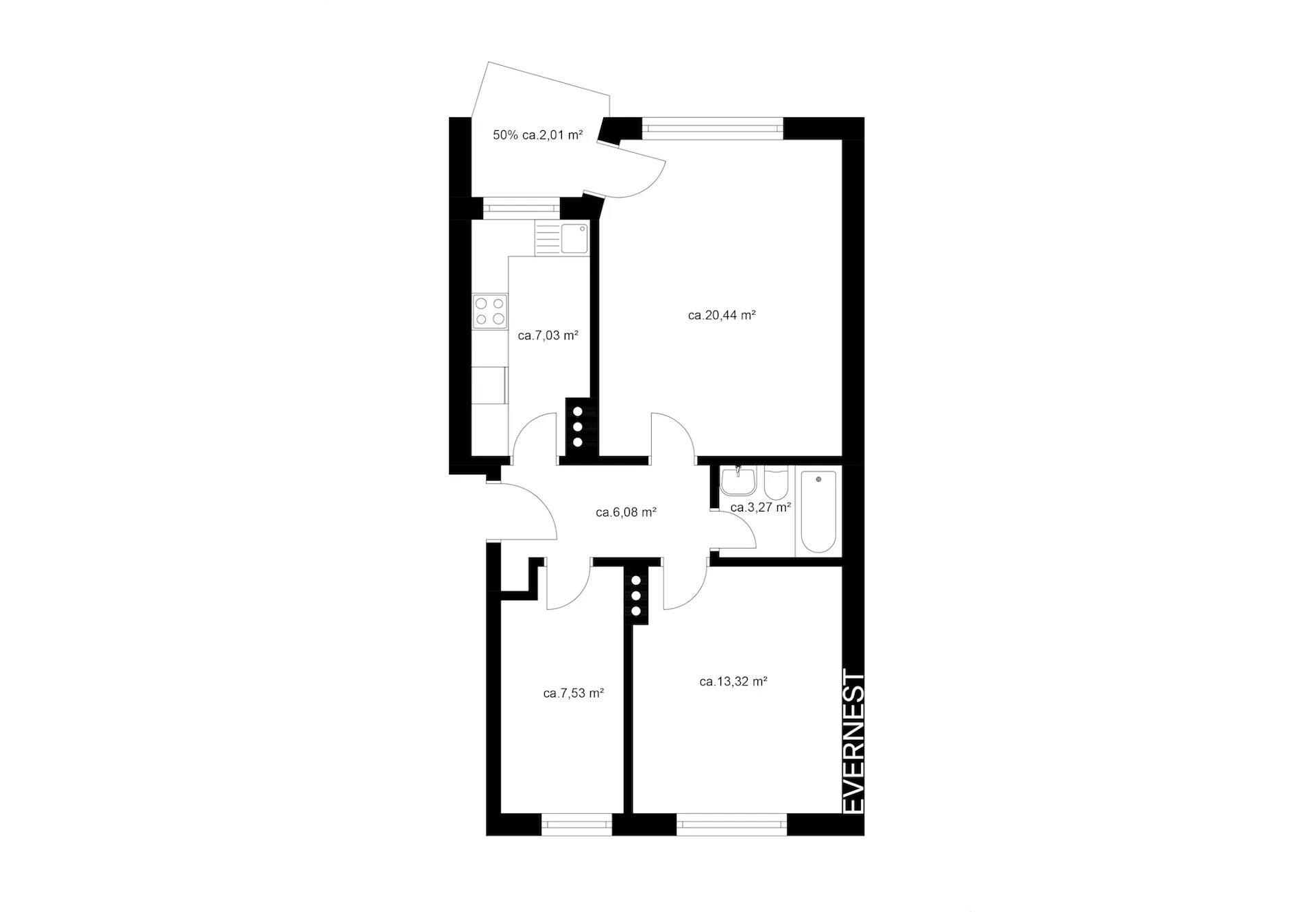Grundriss einer Wohnung mit drei Zimmern, Küche, Bad und Flur, Flächenangaben in Quadratmetern.