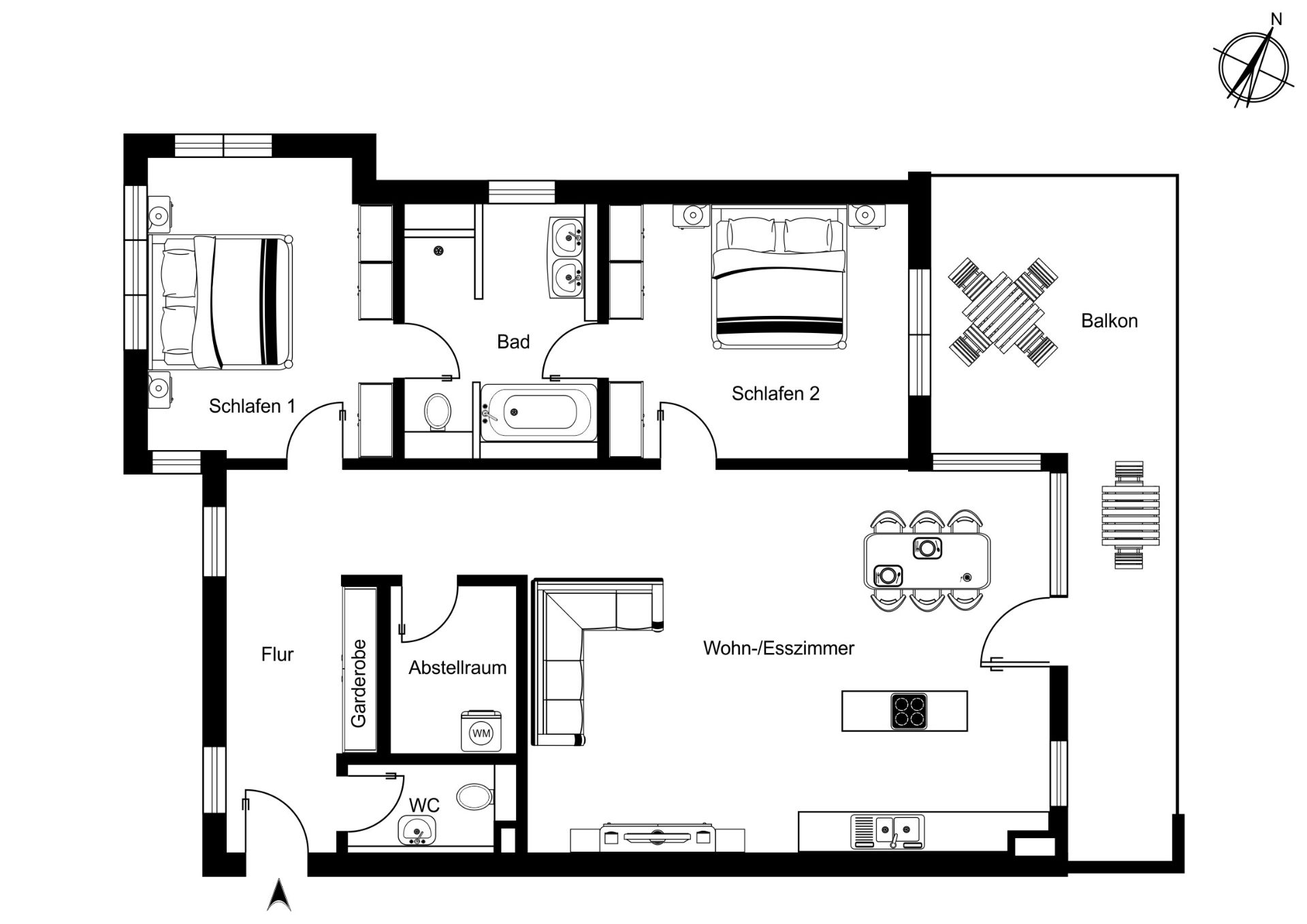 Grundriss einer Wohnung mit zwei Schlafzimmern, Bad, WC, Wohn-Esszimmer, Abstellraum und Balkon.