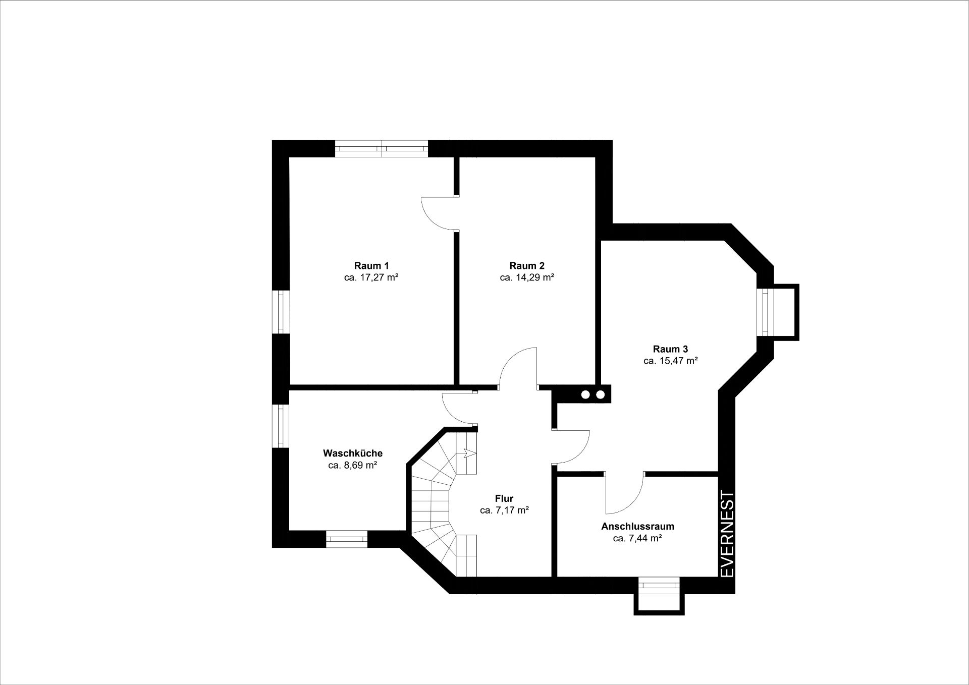 Grundriss mit drei Räumen, Waschküche, Flur und Anschlussraum, Räume sind mit Quadratmetern beschriftet.