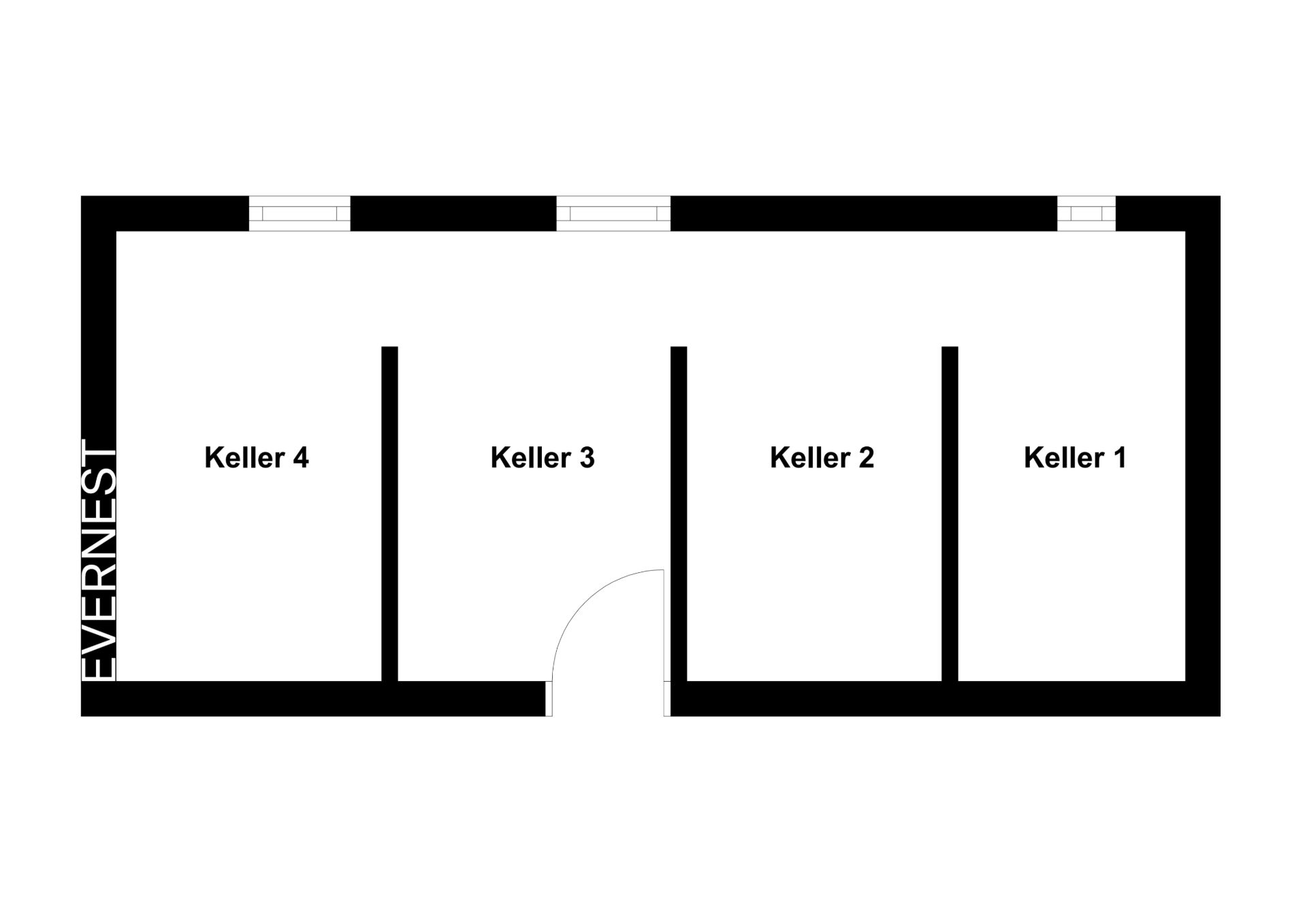 Grundriss mit vier beschrifteten Kellerräumen, nummeriert von Keller 1 bis Keller 4.