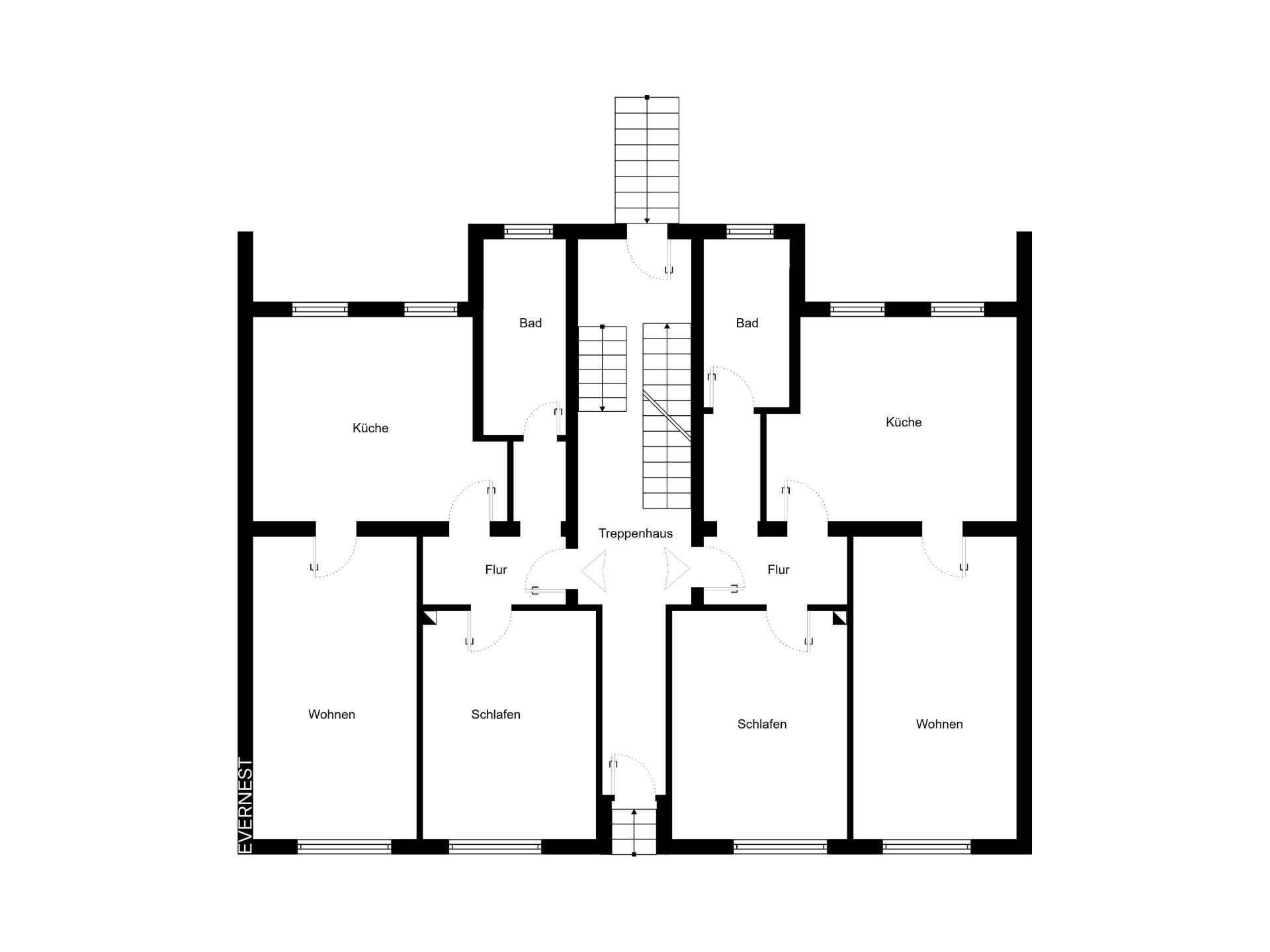 Grundriss mit zwei Wohnungen, jeweils mit Küche, Bad, Wohn- und Schlafzimmer sowie Flur und Treppenhaus.