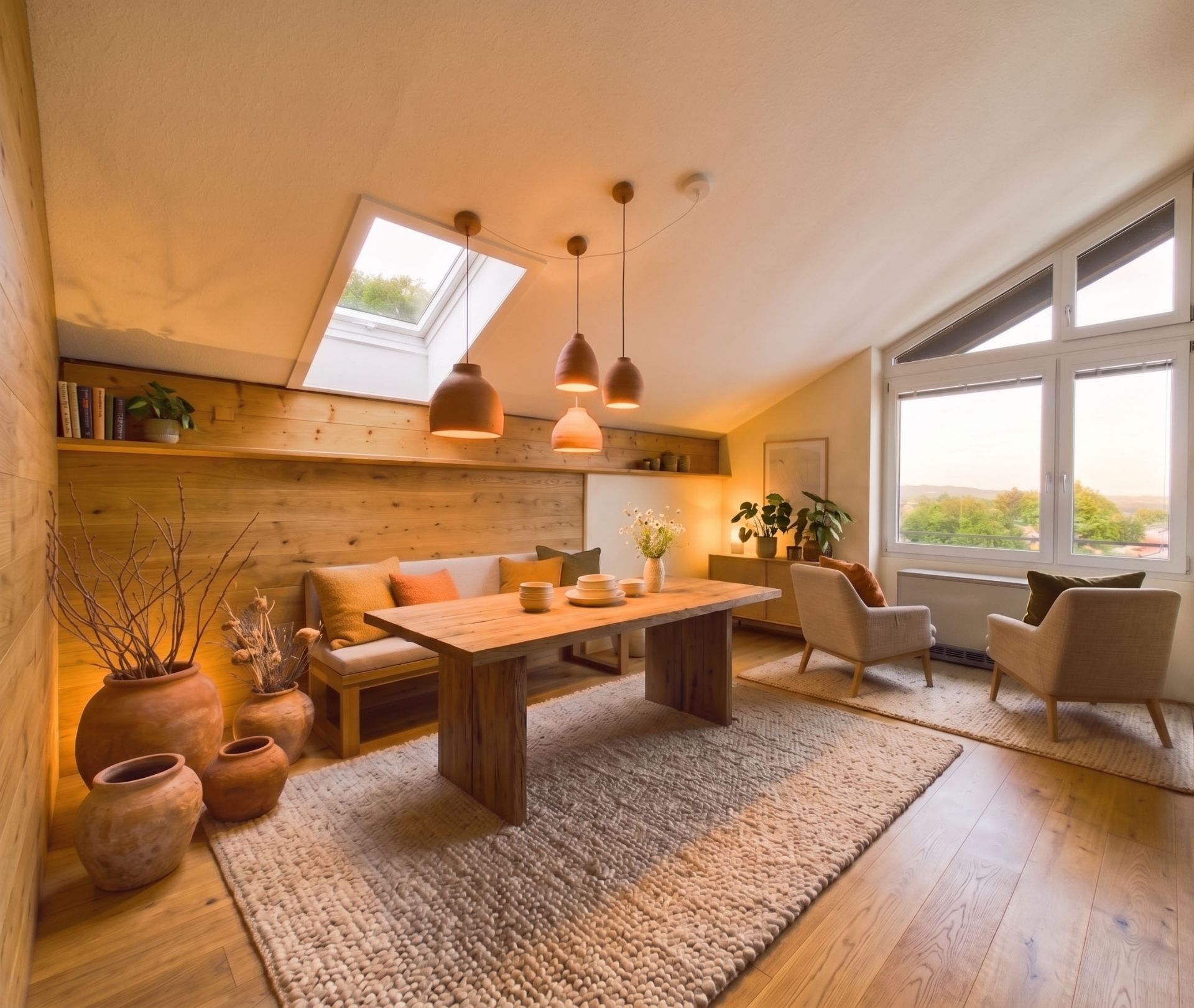 Helles Wohnzimmer mit Holztisch, Sofa, Sesseln, großen Fenstern und Dachfenster.