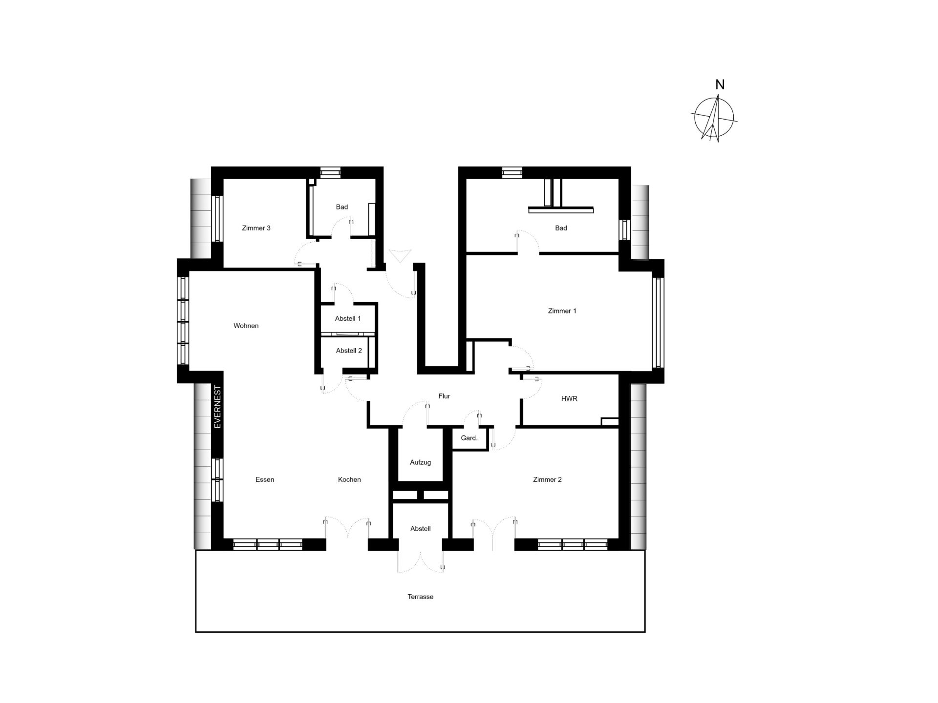 Grundriss einer Wohnung mit mehreren Zimmern, Küche, Bädern und Terrasse.