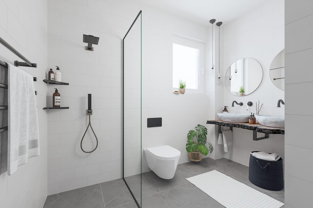 Modernes Badezimmer mit begehbarer Dusche, Doppelwaschbecken, WC und großem Fenster.