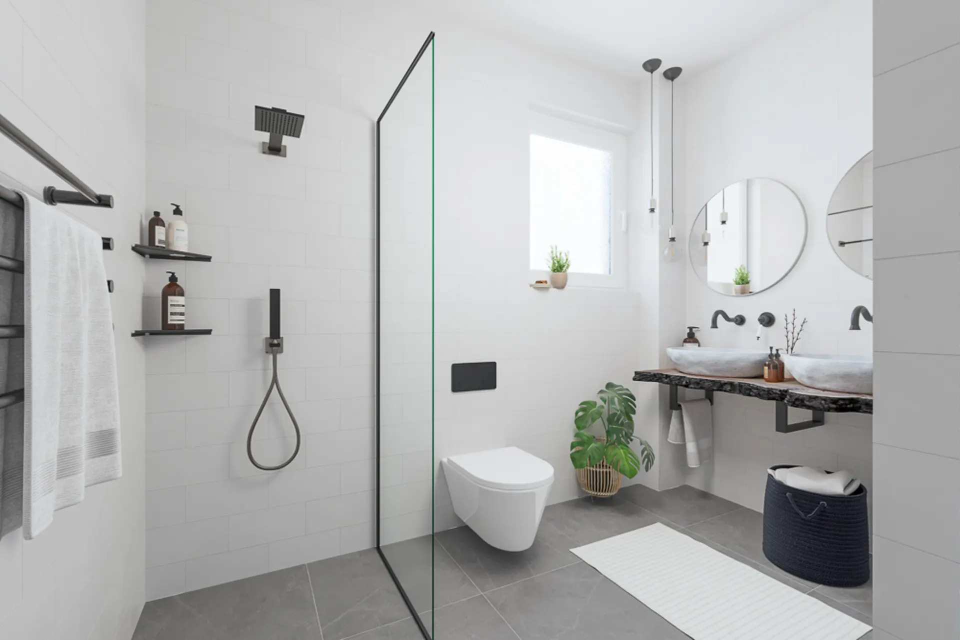 Modernes Badezimmer mit begehbarer Dusche, Doppelwaschbecken, WC und großem Fenster.