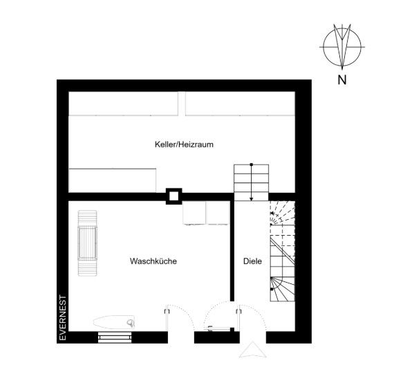 Grundriss mit Keller/Heizraum, Waschküche und Diele, inklusive Treppe und Möblierung.