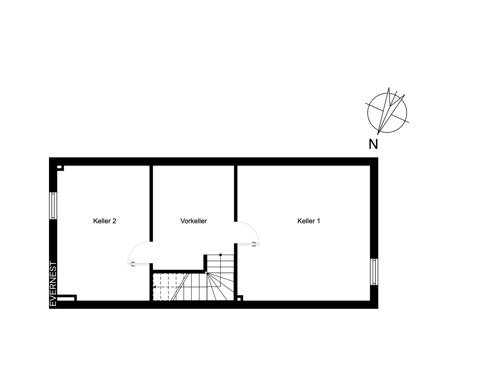 Grundriss mit zwei Kellerräumen, einem Vorkeller und Treppenhaus.