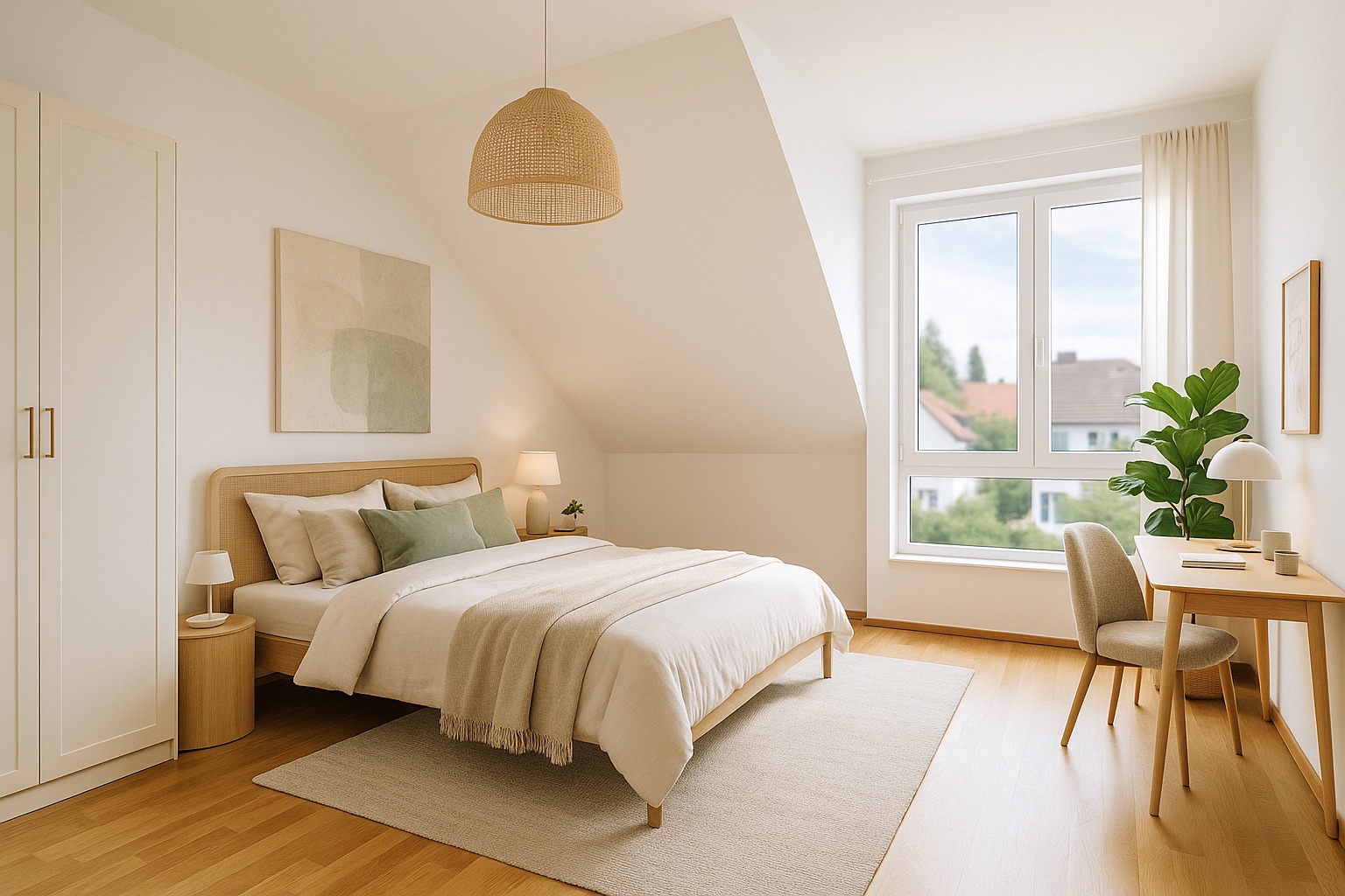 Helles Schlafzimmer mit Doppelbett, Schreibtisch, Stuhl und großem Fenster.
