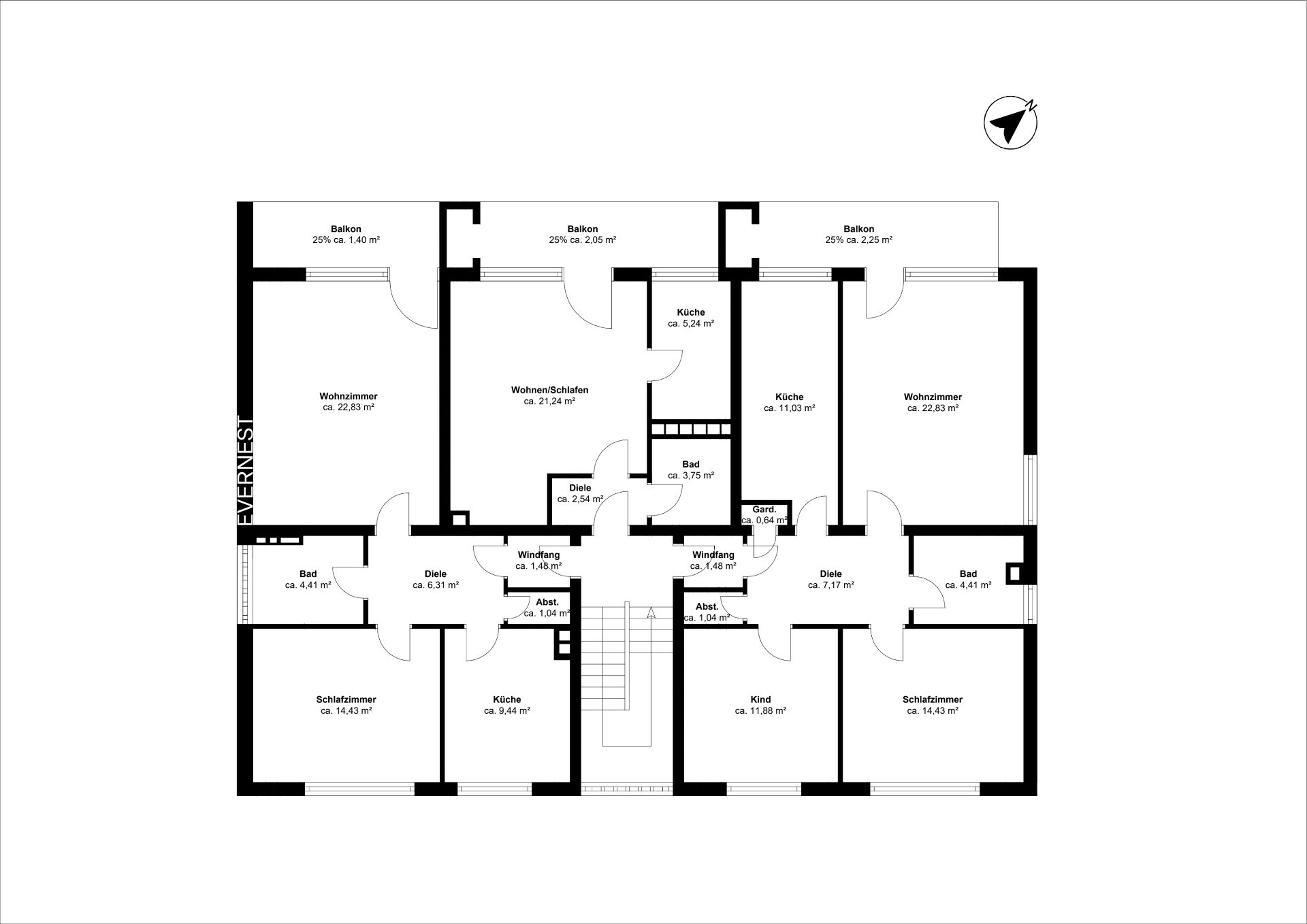 Grundriss einer Wohnung mit Wohnzimmern, Schlafzimmern, Küchen, Bädern und Balkonen.