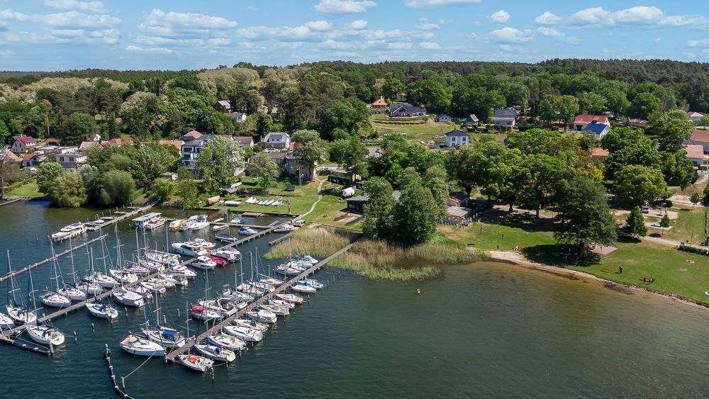Luftaufnahme eines Wohngebiets am See mit Bootsstegen und Segelbooten, von Bäumen umgeben.