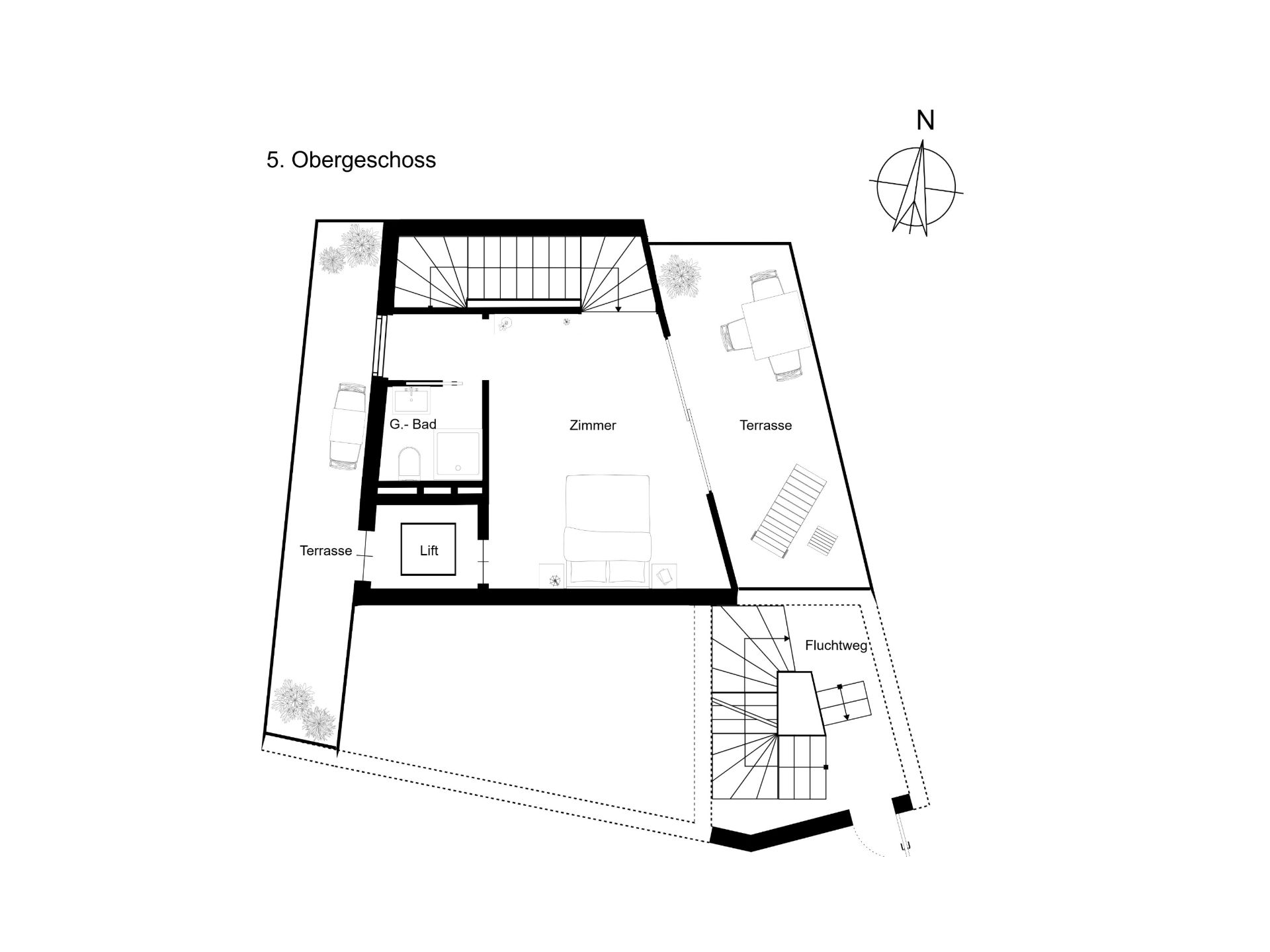 Grundriss des 5. Obergeschosses mit Zimmer, Bad, zwei Terrassen, Lift und Fluchttreppe.