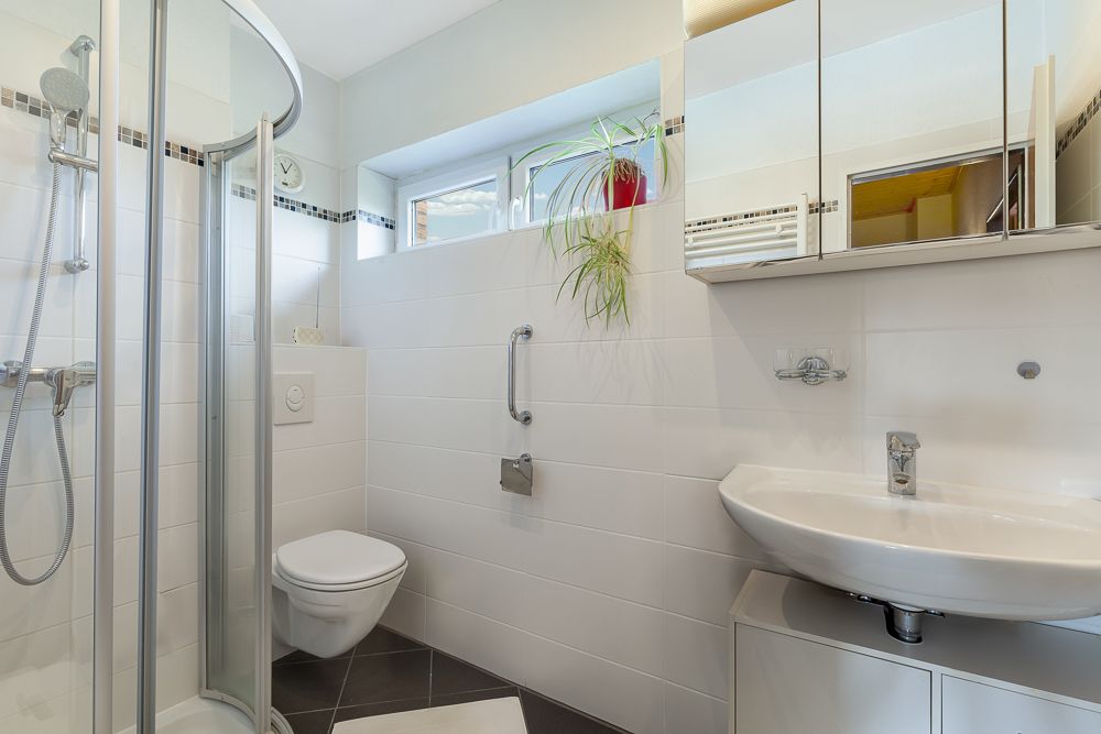 Helles Badezimmer mit Dusche, WC, Waschbecken, Spiegel und Pflanze auf der Fensterbank.