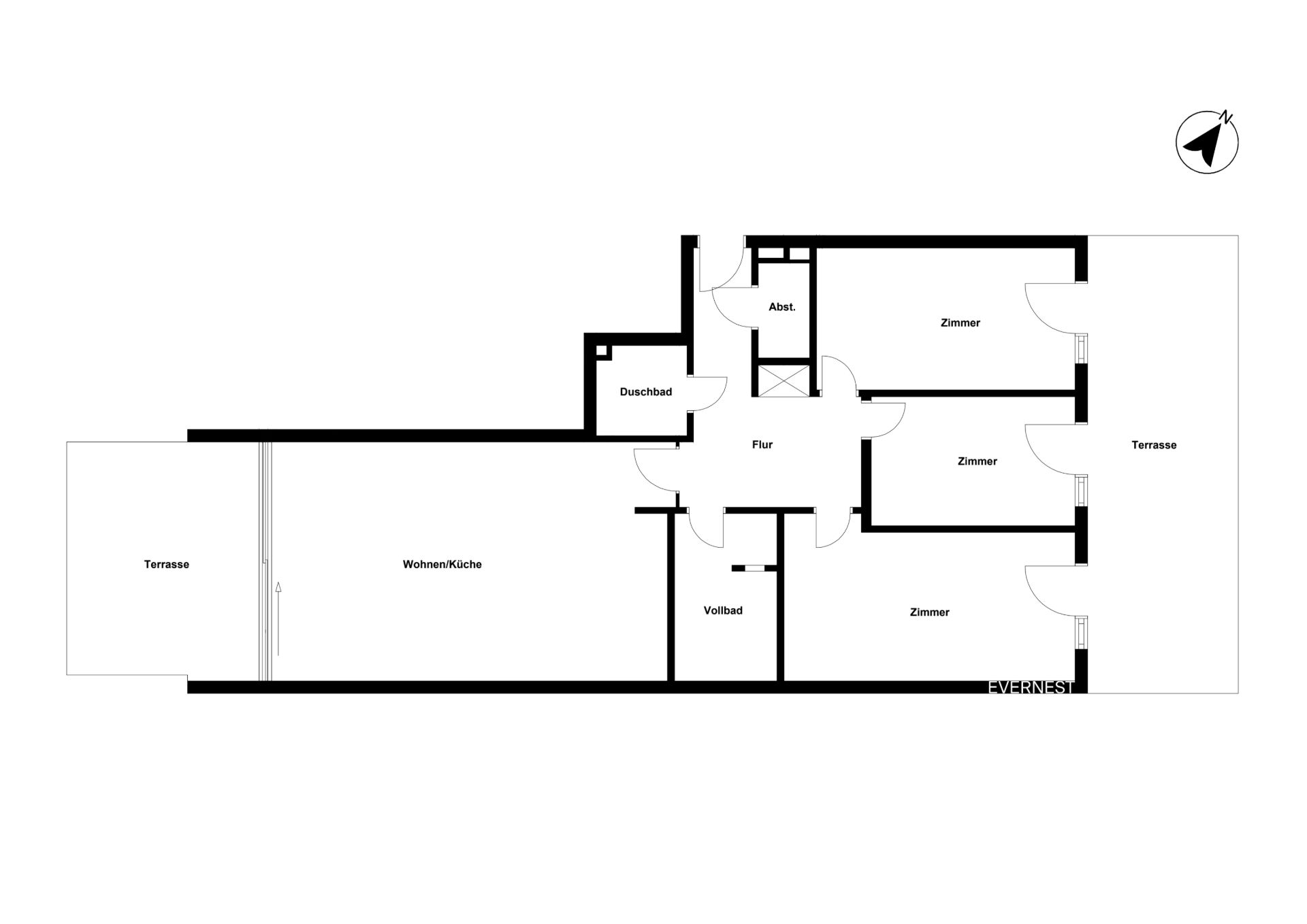 Grundriss einer Wohnung mit drei Zimmern, zwei Bädern, offener Küche und zwei Terrassen.