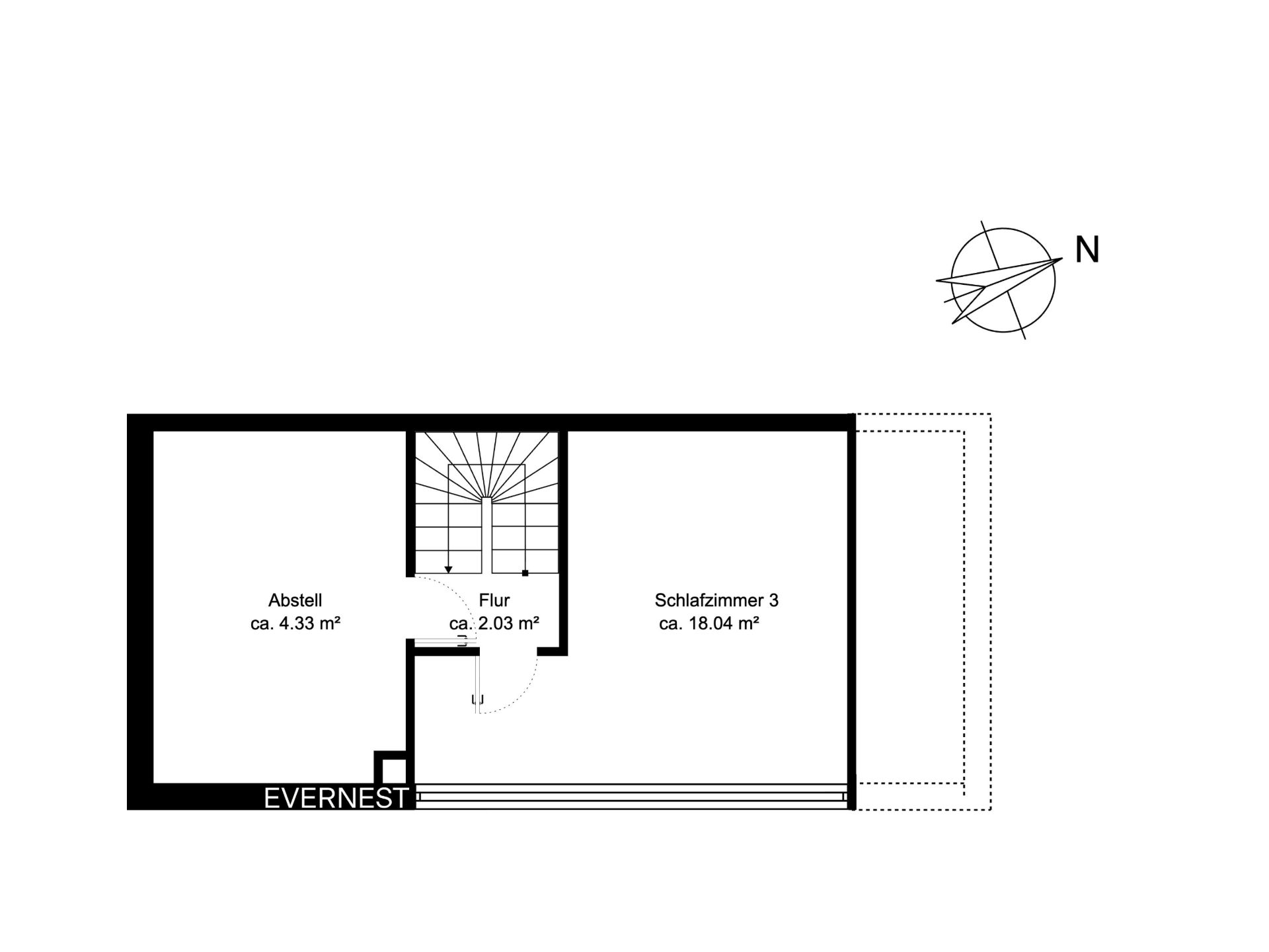 Grundriss mit Schlafzimmer, Abstellraum und Flur, einschließlich Flächenangaben.