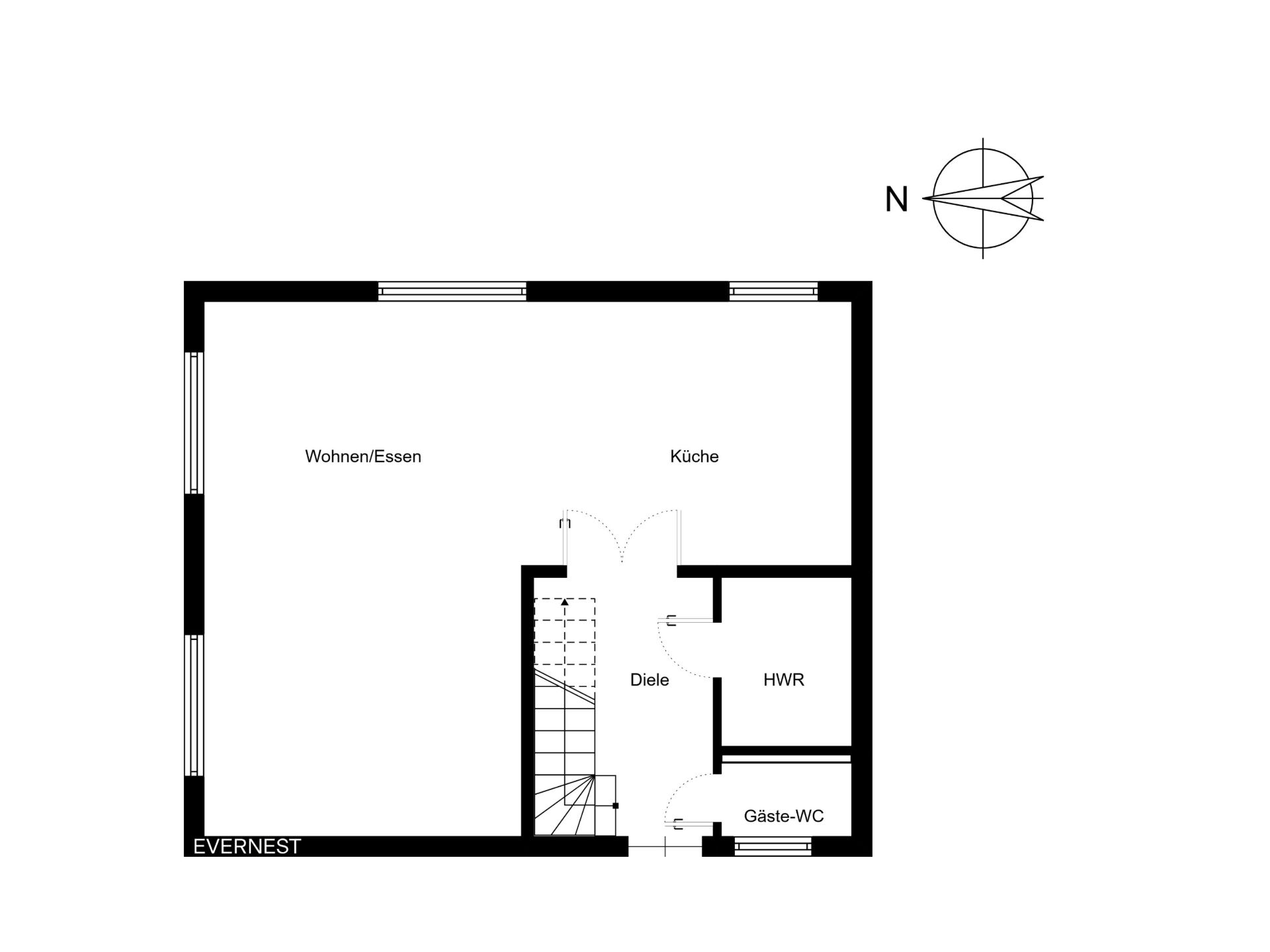 Grundriss zeigt Wohnzimmer, Küche, Diele, HWR und Gäste-WC.