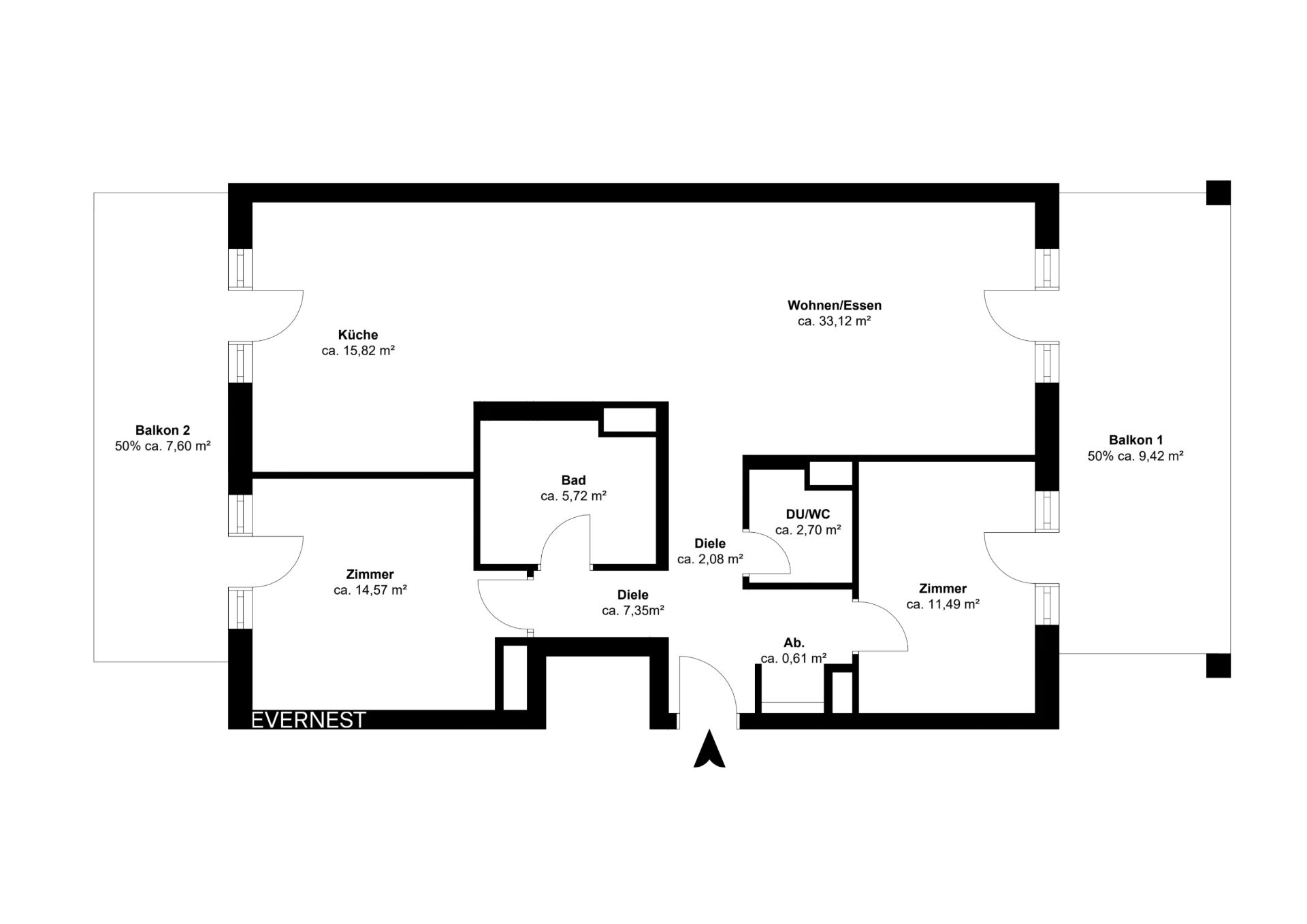 Grundriss einer Wohnung mit zwei Zimmern, Küche, Bad, Wohnbereich und zwei Balkonen.