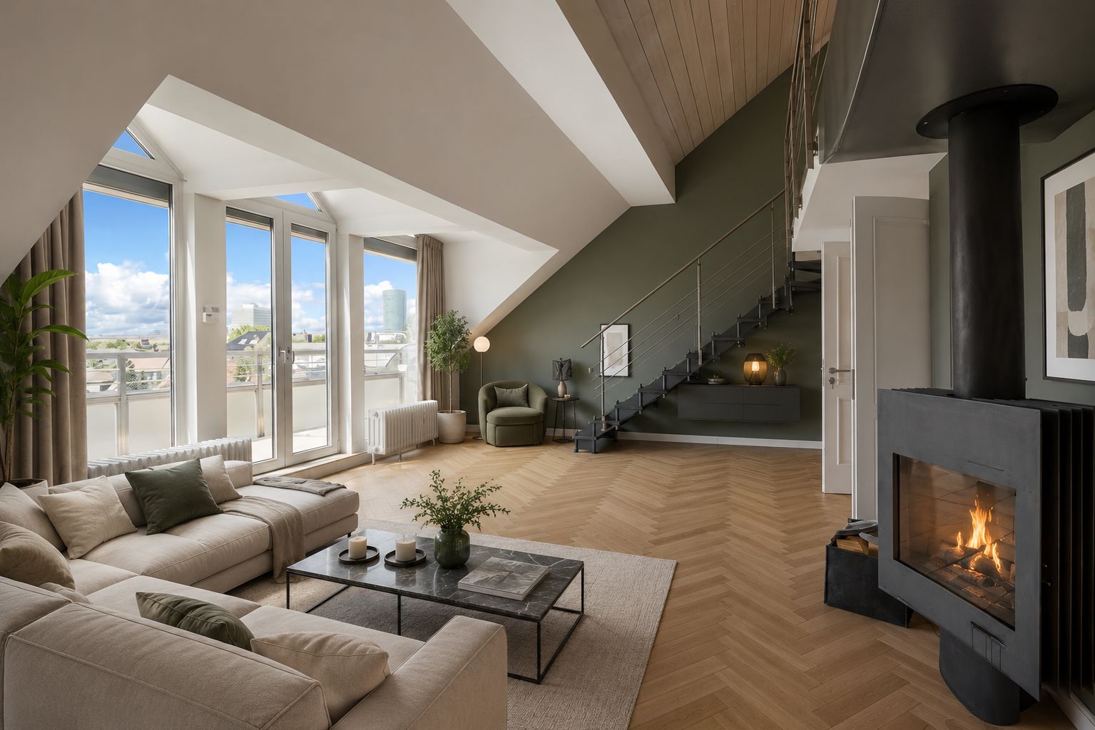 Modernes Wohnzimmer mit Ecksofa, Kamin, großen Fenstern und Treppe zu einer Galerie.