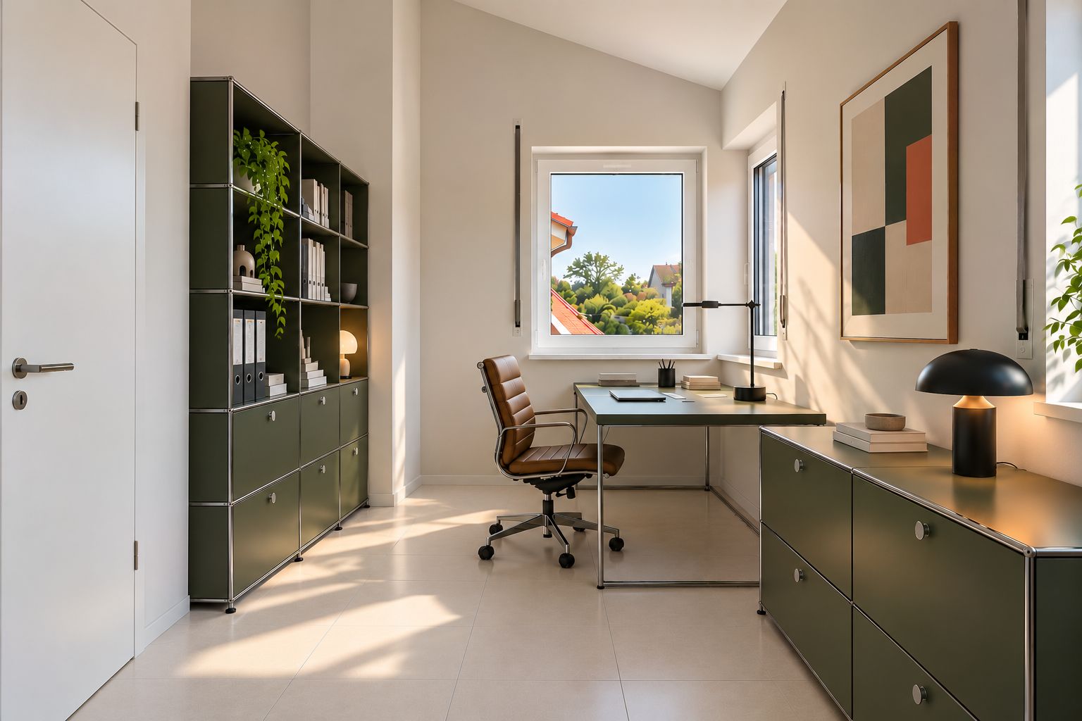 Modernes Arbeitszimmer mit Schreibtisch, Regal und Stuhl, Fenster mit Blick ins Grüne.