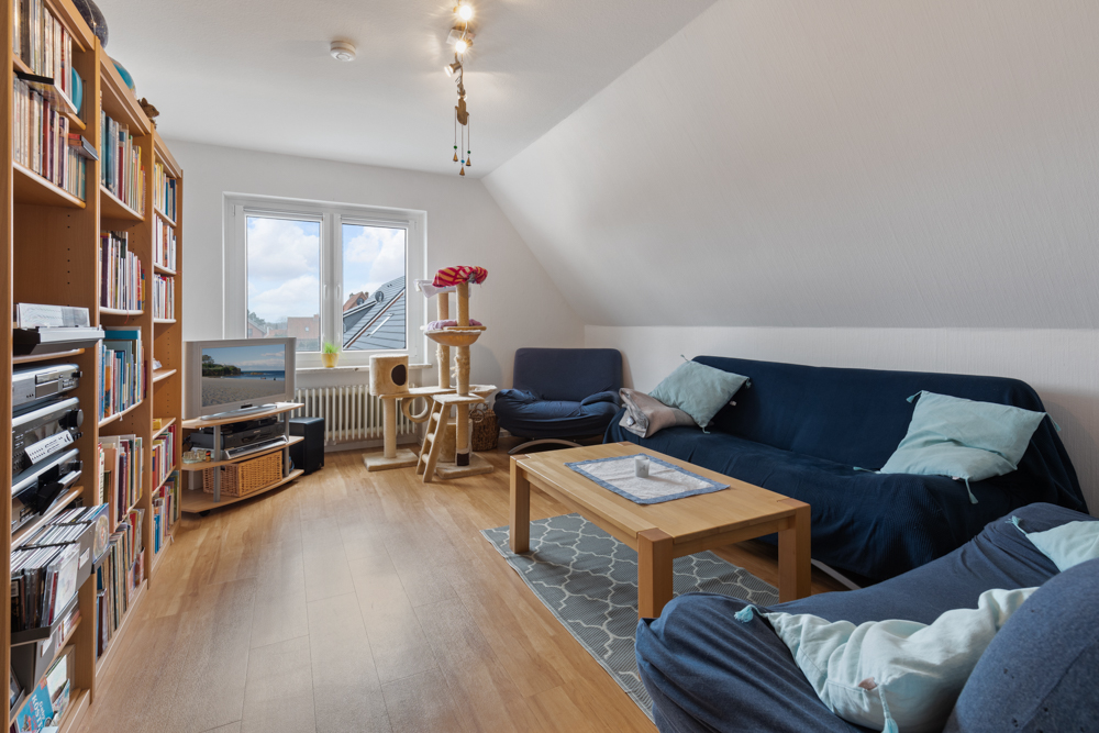 Wohnzimmer mit Bücherregal, Sofa, Sessel, Couchtisch, Fernseher und Kratzbaum unter Dachschräge.