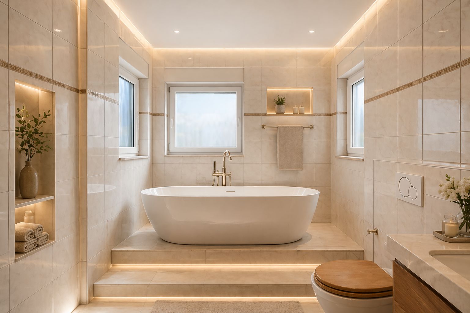 Modernes Badezimmer mit freistehender Badewanne, großen Fliesen und beleuchteten Nischen.