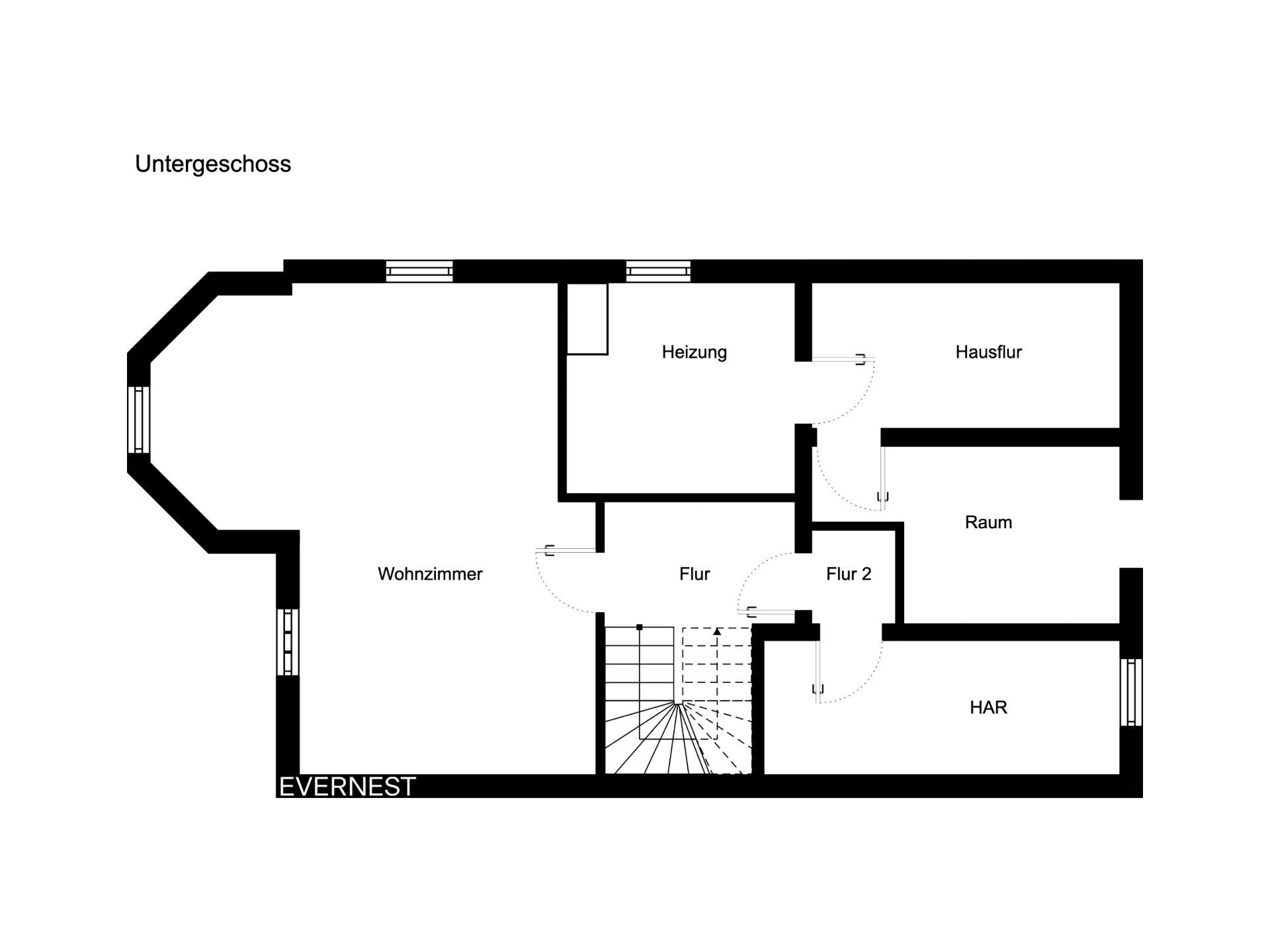 Grundriss des Untergeschosses mit Wohnzimmer, Heizung, Fluren, Raum und HAR.