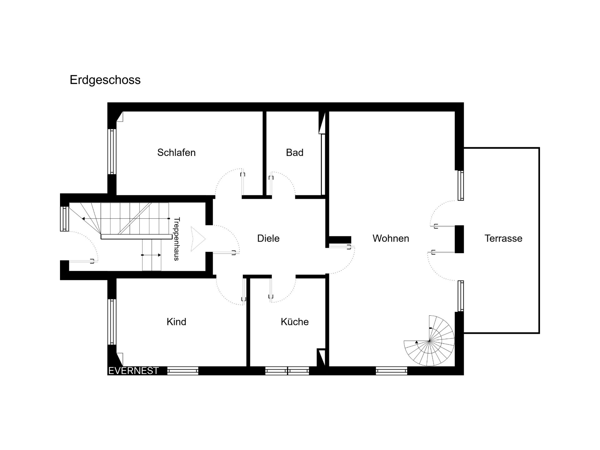 Grundriss des Erdgeschosses mit Schlafzimmer, Kinderzimmer, Bad, Küche, Wohnen, Diele und Terrasse.