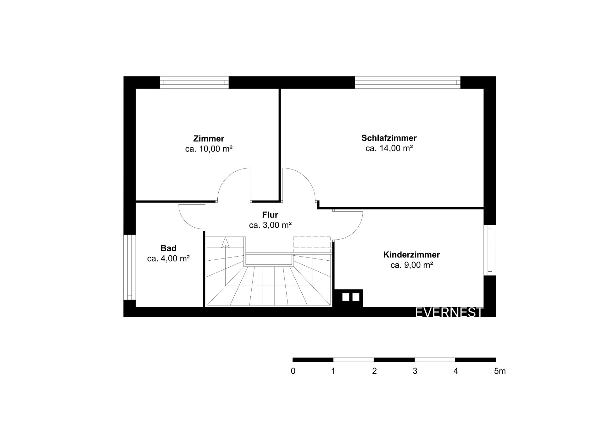 Grundriss mit Schlafzimmer, Kinderzimmer, Bad, Zimmer und Flur in einer Wohnung.