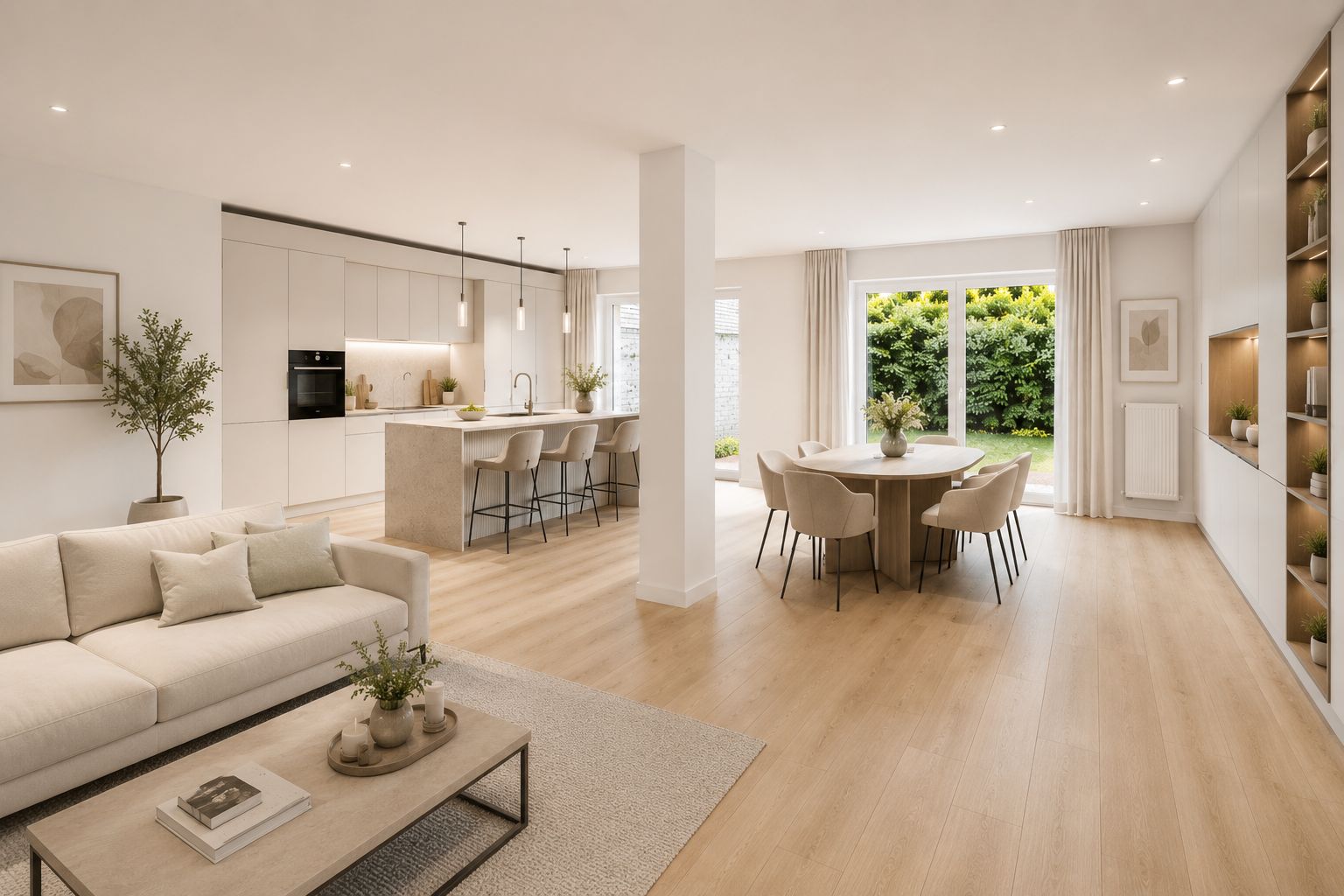 Helles Wohnzimmer mit offener Küche, Esstisch, Sofa und großen Fenstern zum Garten.