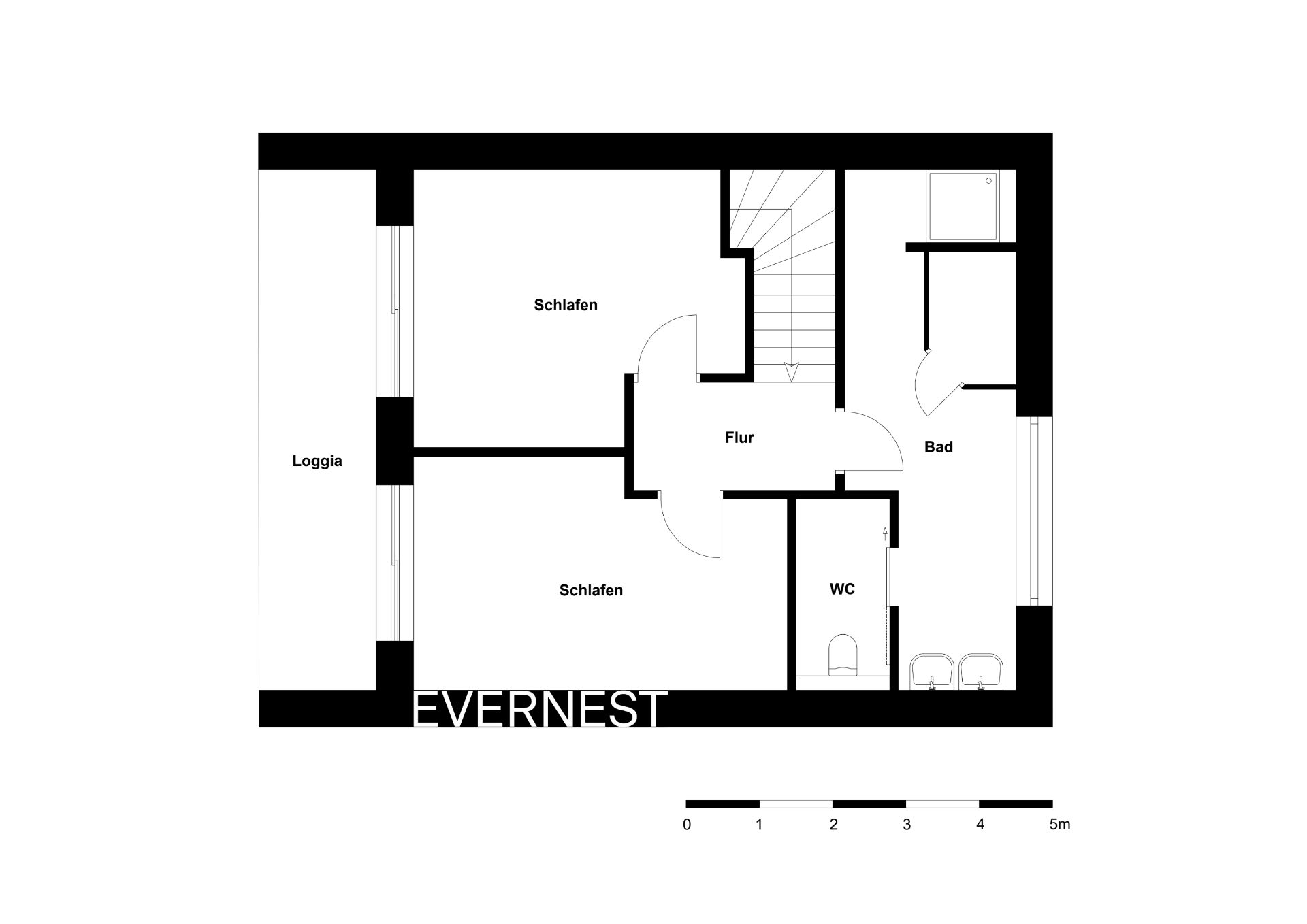Grundriss mit zwei Schlafzimmern, Bad, WC, Flur und Loggia.