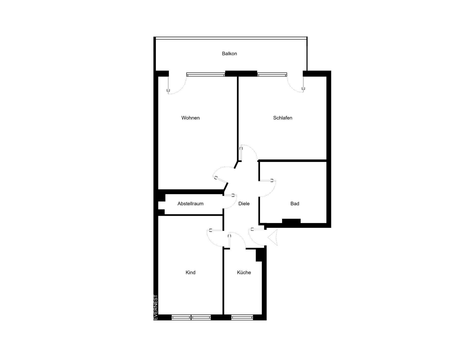 Wohnungsgrundriss mit Balkon, Wohnzimmer, Schlafzimmer, Kinderzimmer, Küche, Bad und Abstellraum.