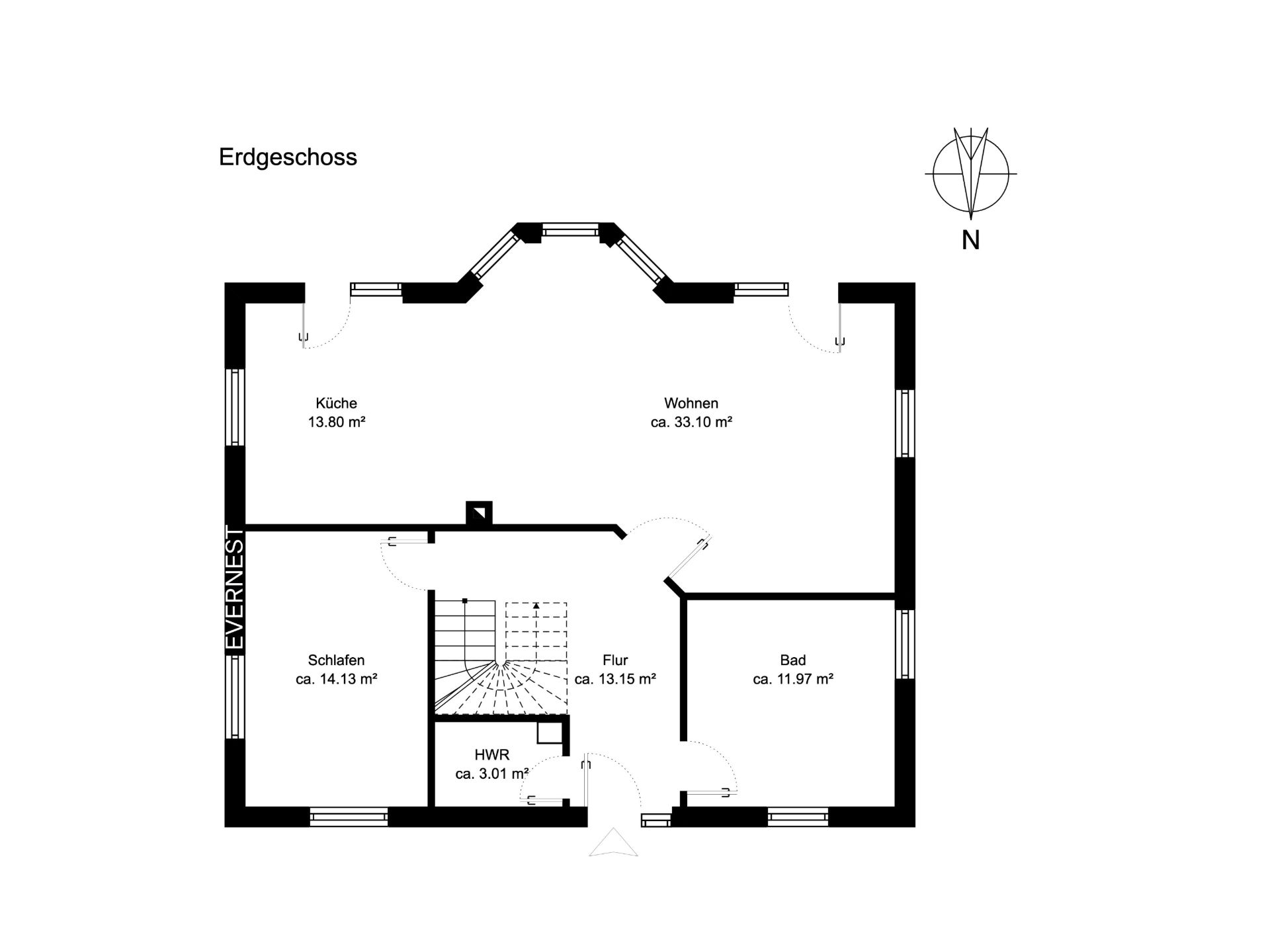 Grundriss des Erdgeschosses mit Küche, Wohnzimmer, Schlafzimmer, Bad, Flur und HWR.
