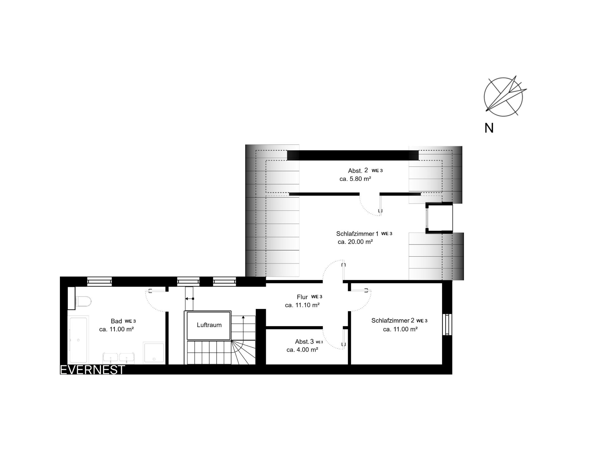 Grundriss mit zwei Schlafzimmern, Bad, Flur und Abstellräumen, sowie einer Treppe.