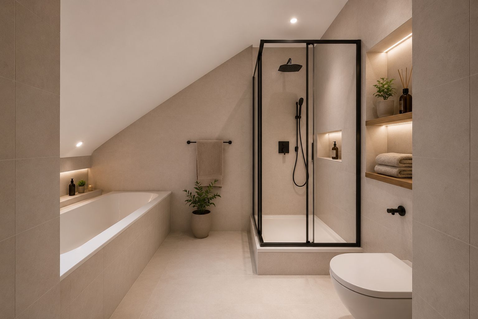 Modernes Badezimmer mit Badewanne, Dusche, WC, Regal mit Handtüchern und einer Zimmerpflanze.