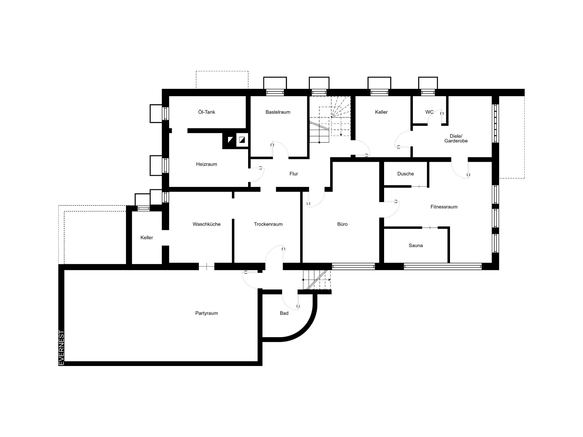 Grundriss mit mehreren Räumen, darunter Partykeller, Büro, Sauna, Fitnessraum und Waschküche.