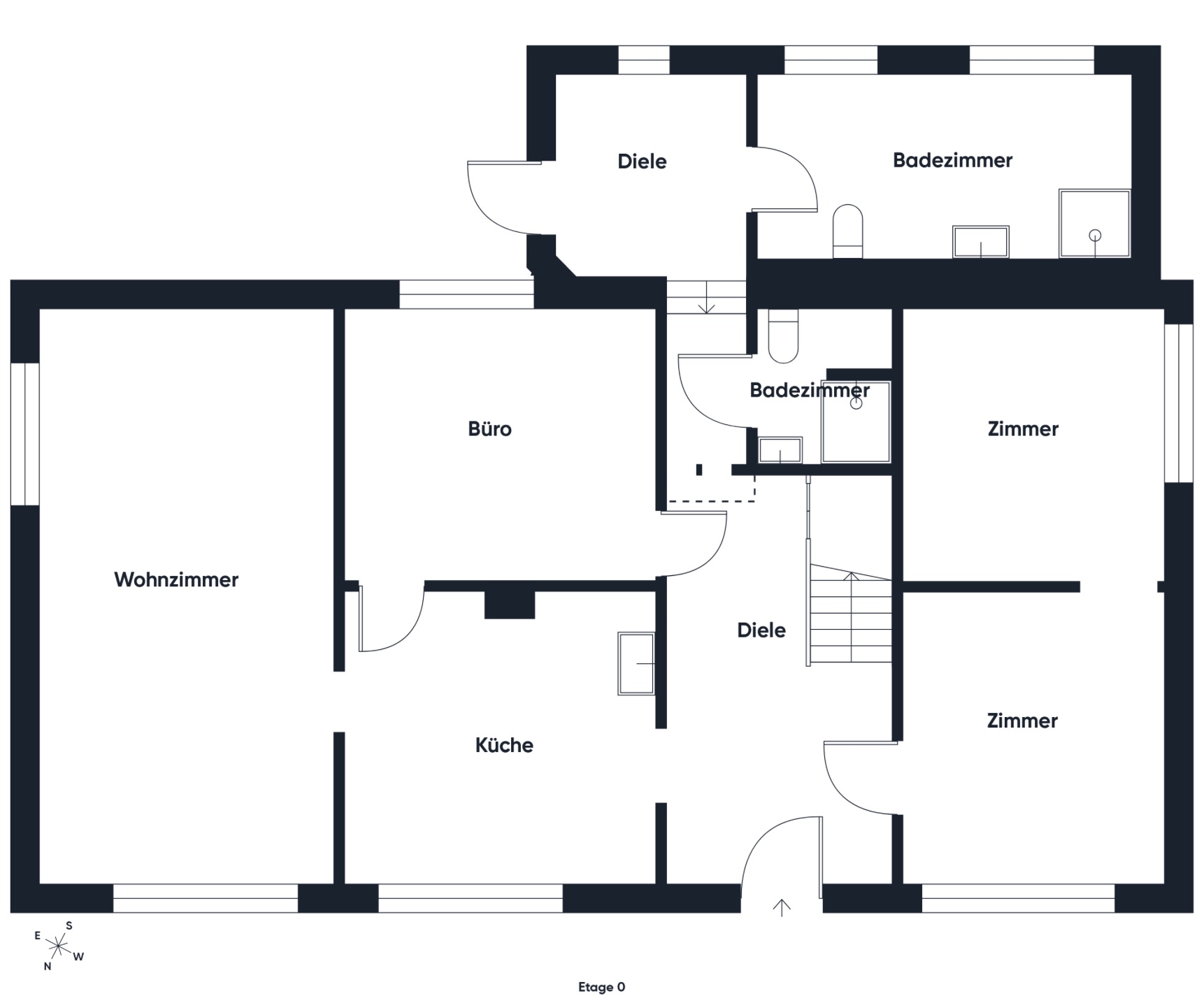 Grundriss einer Wohnung mit Wohnzimmer, Küche, Büro, zwei Zimmern und zwei Bädern.