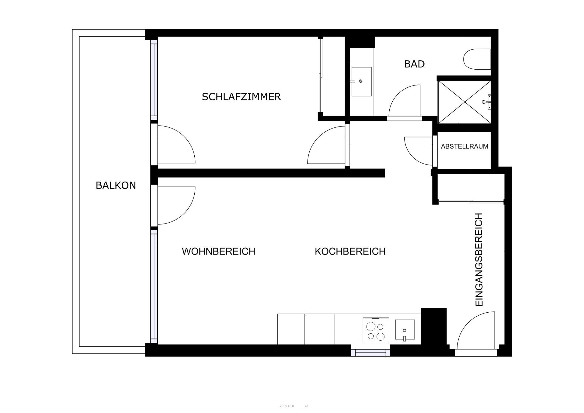 Grundriss einer Wohnung mit Schlafzimmer, Bad, Wohnbereich, Kochbereich, Abstellraum und Balkon.