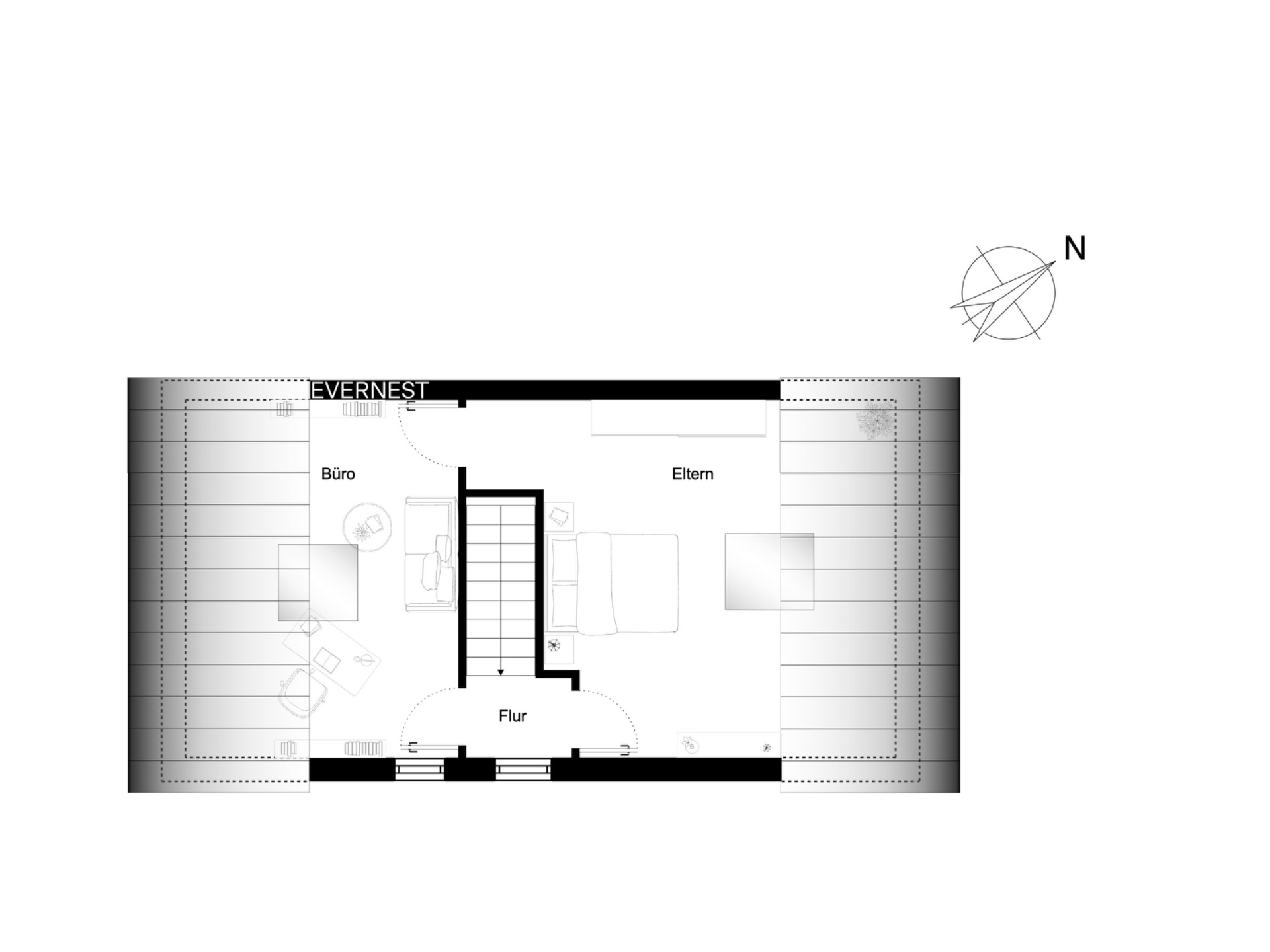 Grundriss mit Büro, Schlafzimmer, Flur und Treppe, Räume sind beschriftet.