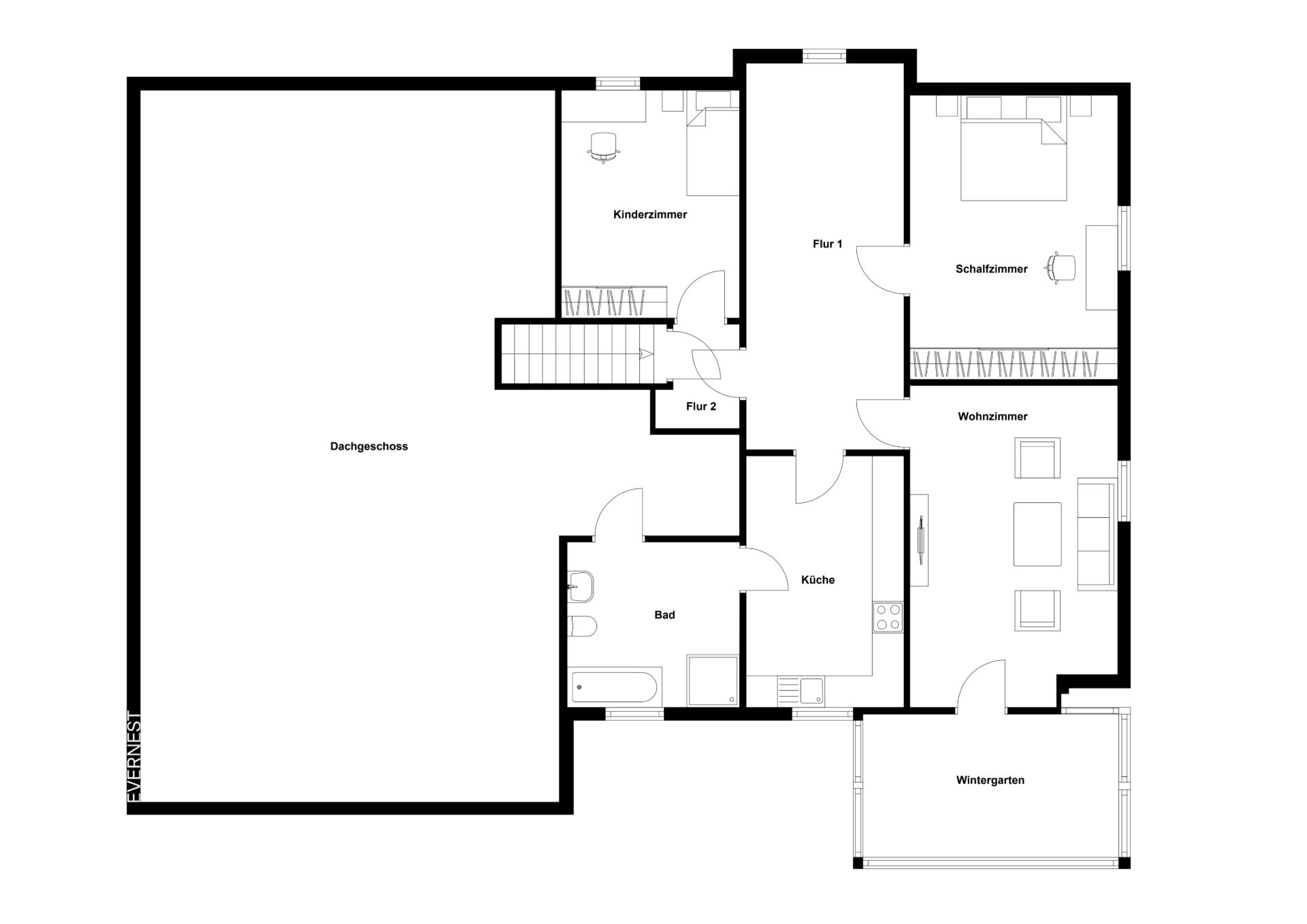 Grundriss einer Wohnung mit Wohnzimmer, Schlafzimmer, Kinderzimmer, Küche, Bad und Wintergarten.