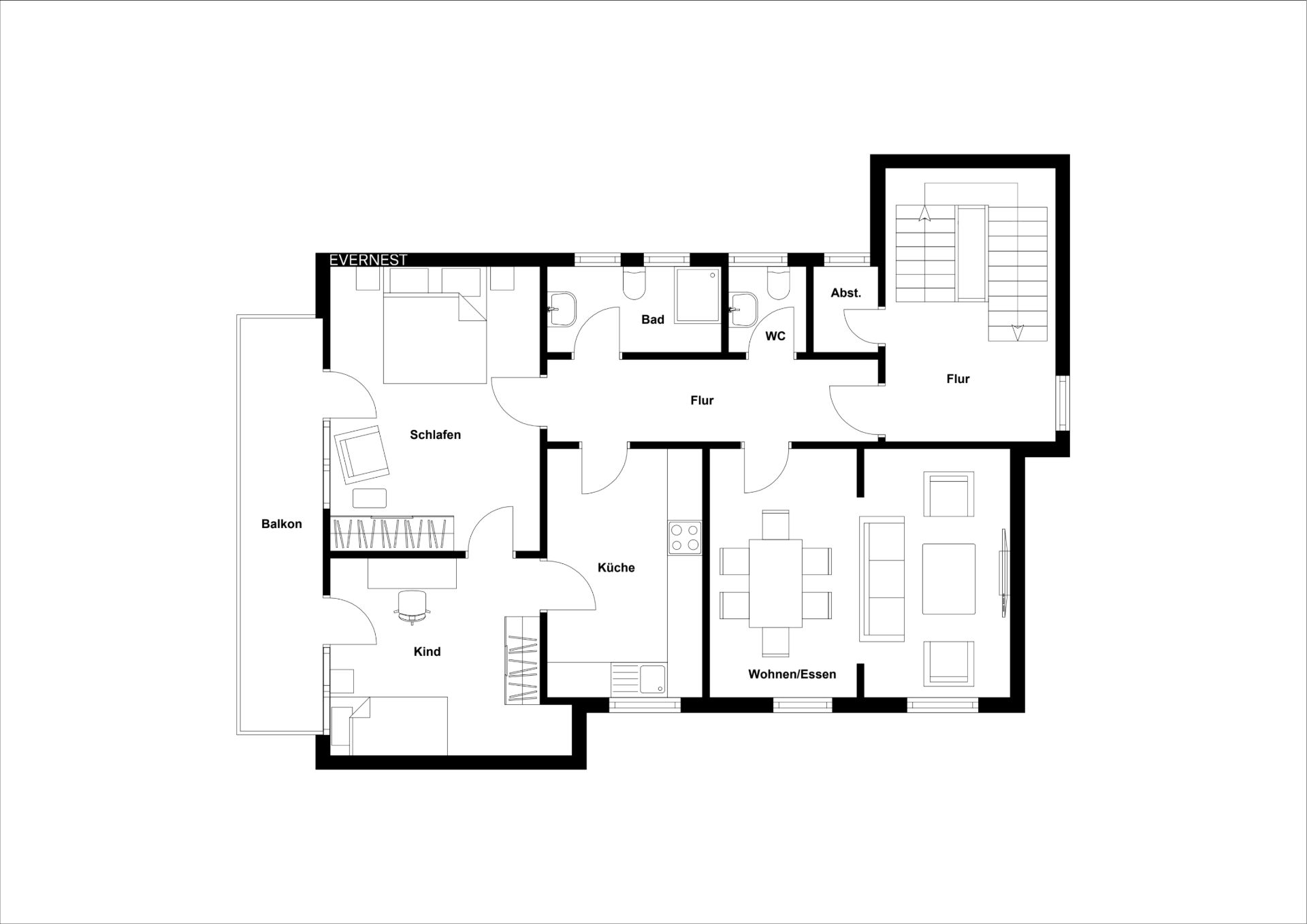 Grundriss einer Wohnung mit Schlafzimmer, Kinderzimmer, Küche, Bad, WC, Wohnbereich und Balkon.